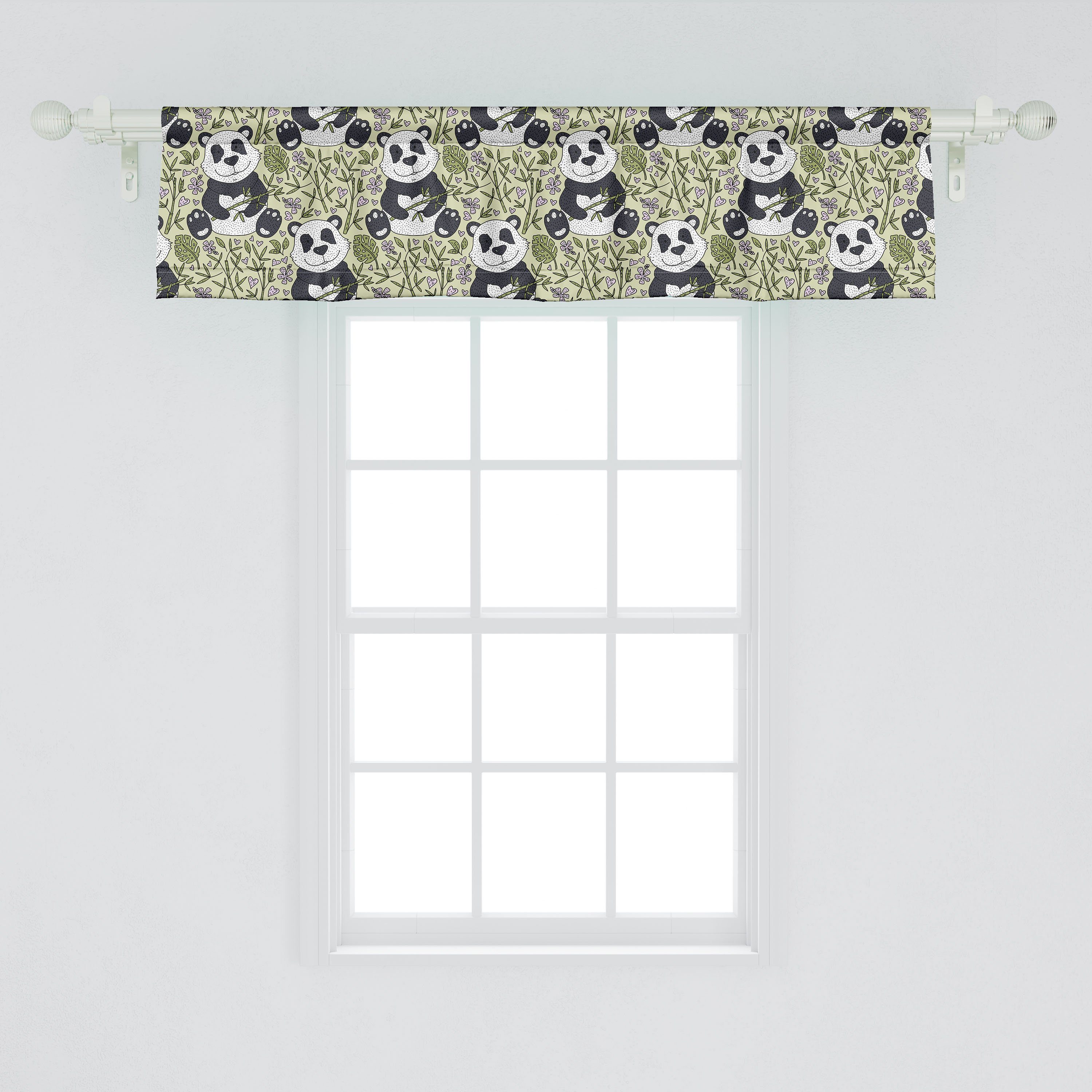 Scheibengardine Vorhang Stangentasche, Panda mit Tier Reizende Dekor Blättern Küche mit Abakuhaus, Volant Schlafzimmer für Microfaser