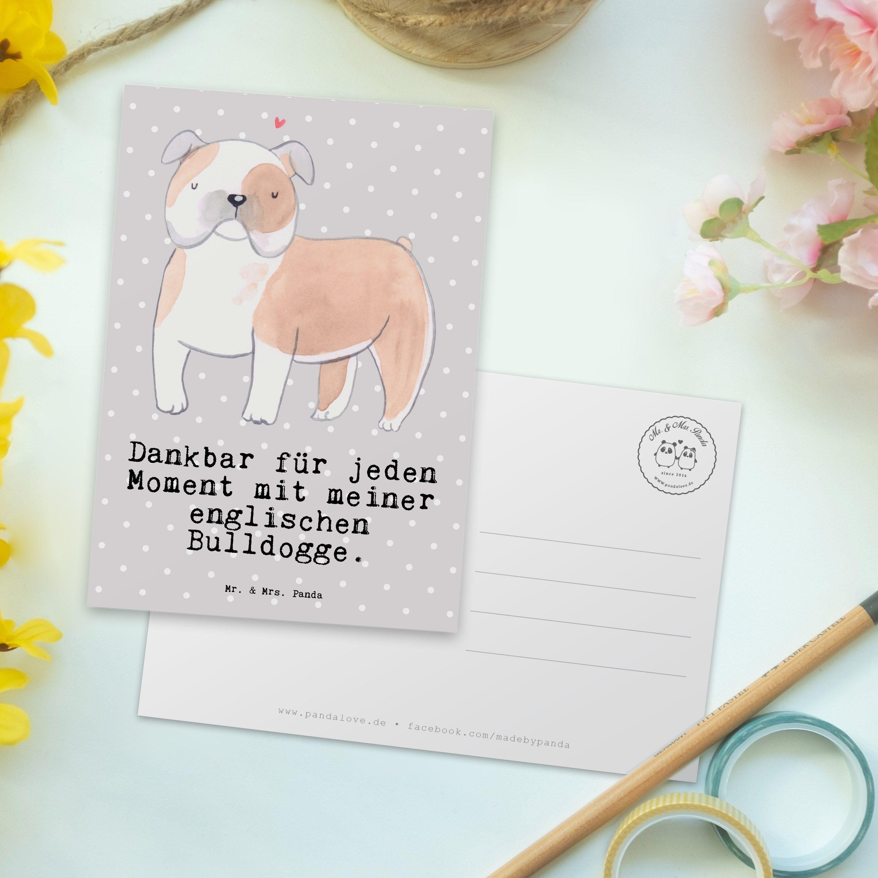 Panda Englische Geschenk, Moment Mr. Grau & Postkarte Geschenkkarte Bulldogge Mrs. - Pastell -