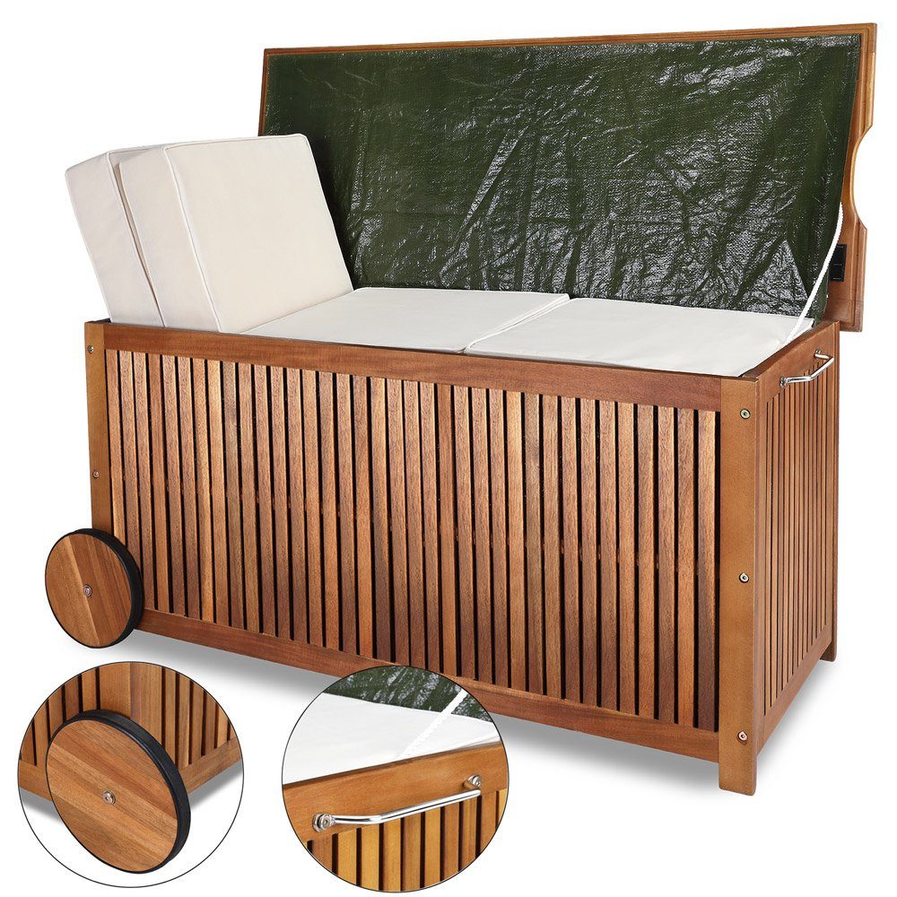 Casaria Auflagenbox, Holz 350L Deckel 160kg belastbar Räder Griff Innenplane Garten Akazie