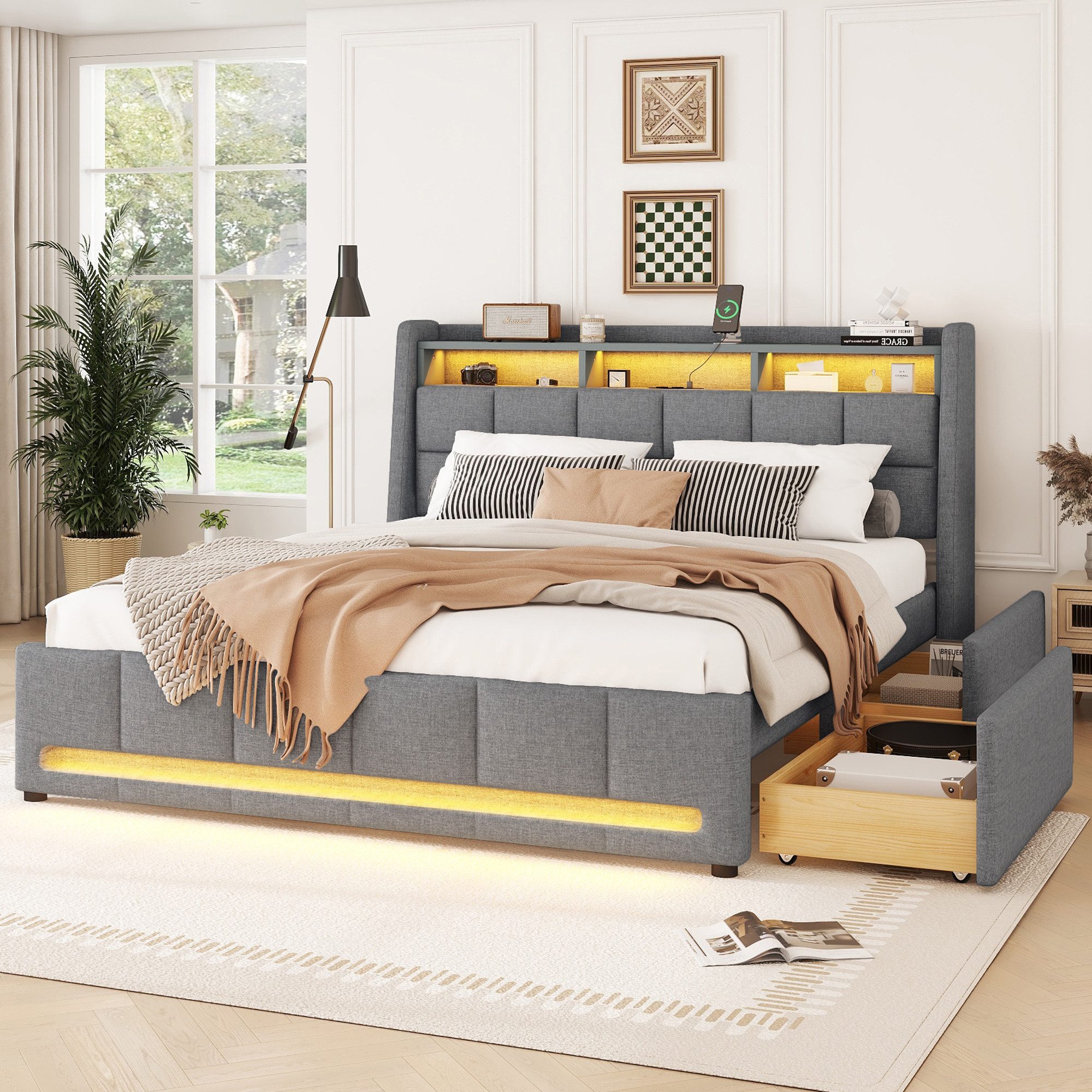 SOFTWEARY Stauraumbett mit LED-Beleuchtung (Lattenrost, 2 Schubladen, USB-A günstig online kaufen