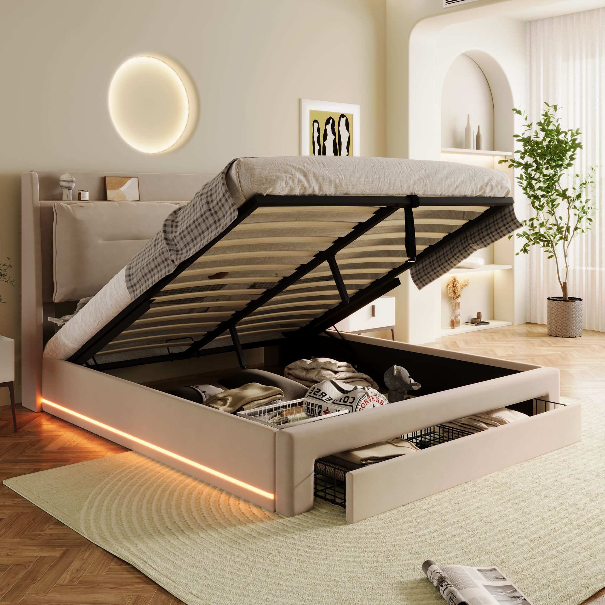 Flieks Polsterbett, LED Hydraulisches Stauraumbett Doppelbett günstig online kaufen