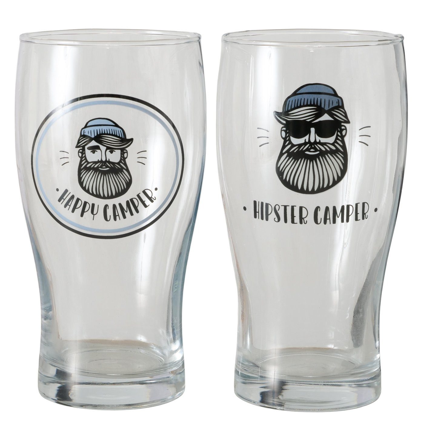 BOLTZE Bierglas Camper Gläser Set 2er – „Happy Camper“ & „Hipster Camper“, 550 ml, 2-tlg., Glas