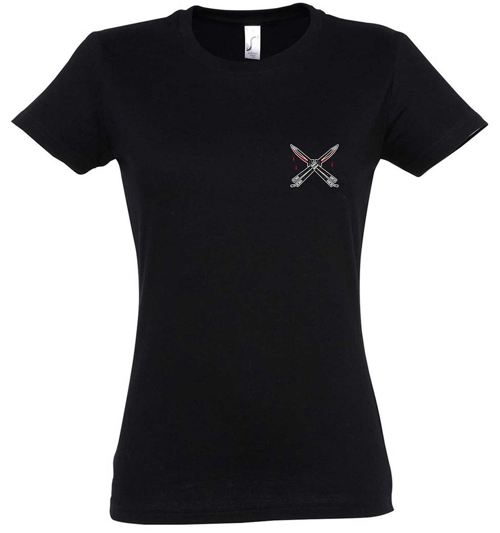 Urban Backwoods Print-Shirt Butterfly Knifes I Damen T-Shirt Dagger Messer Dolch Tattoo Latino Art (1-tlg) Gang Gangster Mexico Symbol