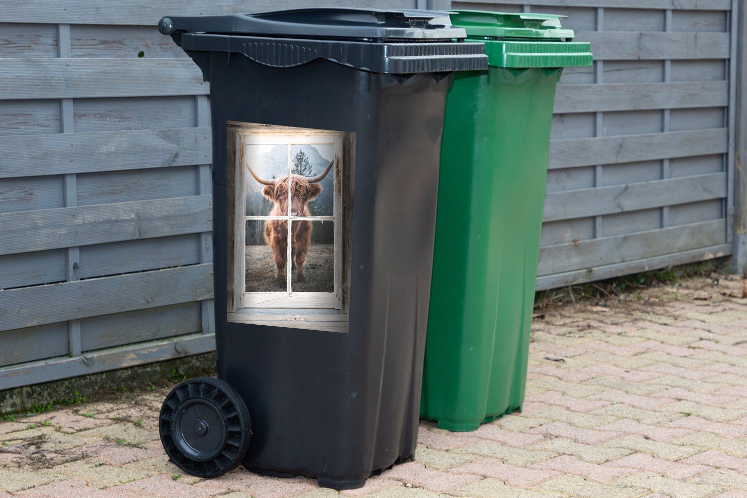 MuchoWow Wandsticker Schottischer Mülltonne, Kuh (1 St), Container, Highlander Mülleimer-aufkleber, - Ansicht Sticker, Abfalbehälter 