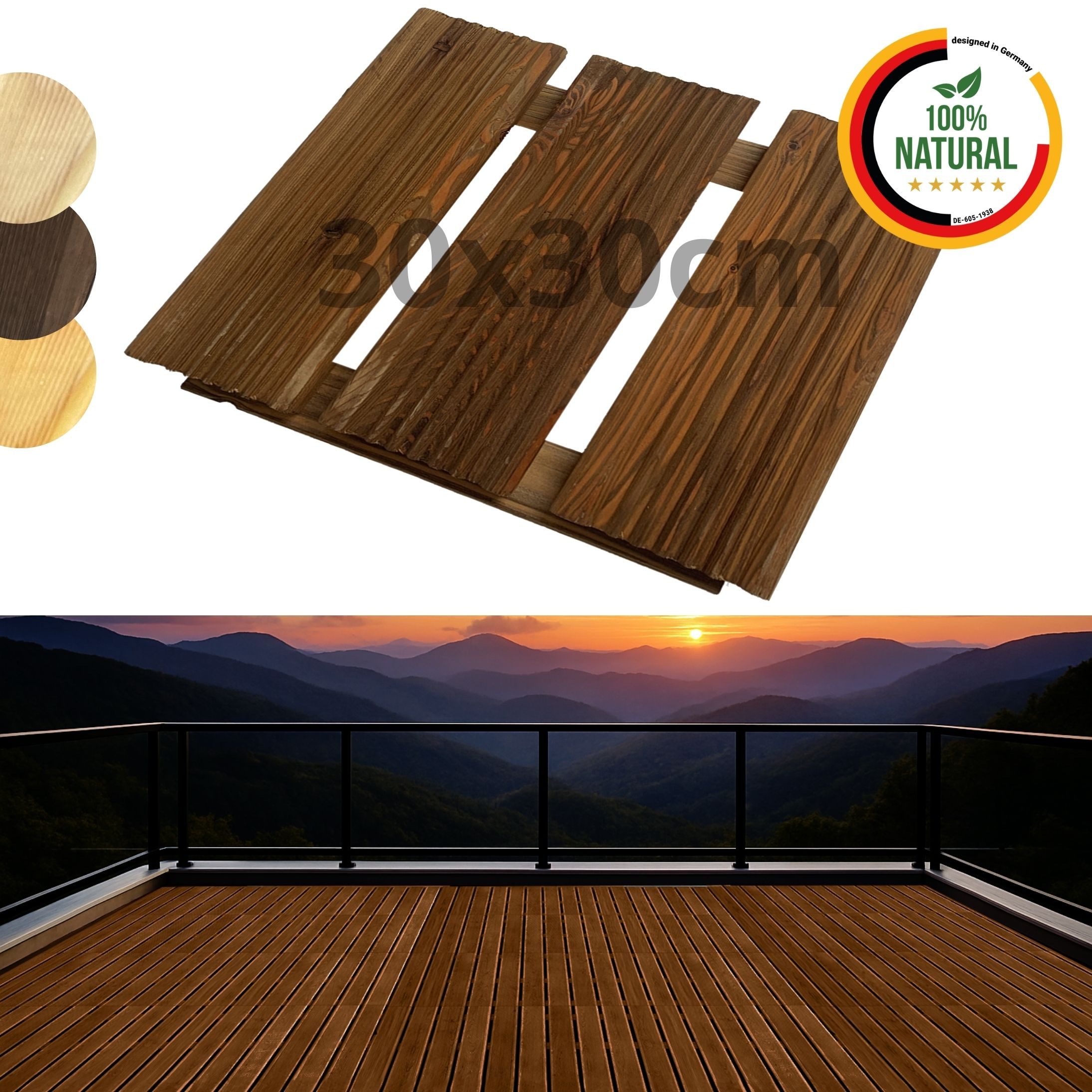 Floranica Trittsteine Holzfliese Terrassenfliese Massives Lärchenholz Balkonfliesen, 30x30 cm, Braun, 1-St., Fein Geriffelt Bodenbelag mit Drainage Balkon-Bodenbelag für Outdoor