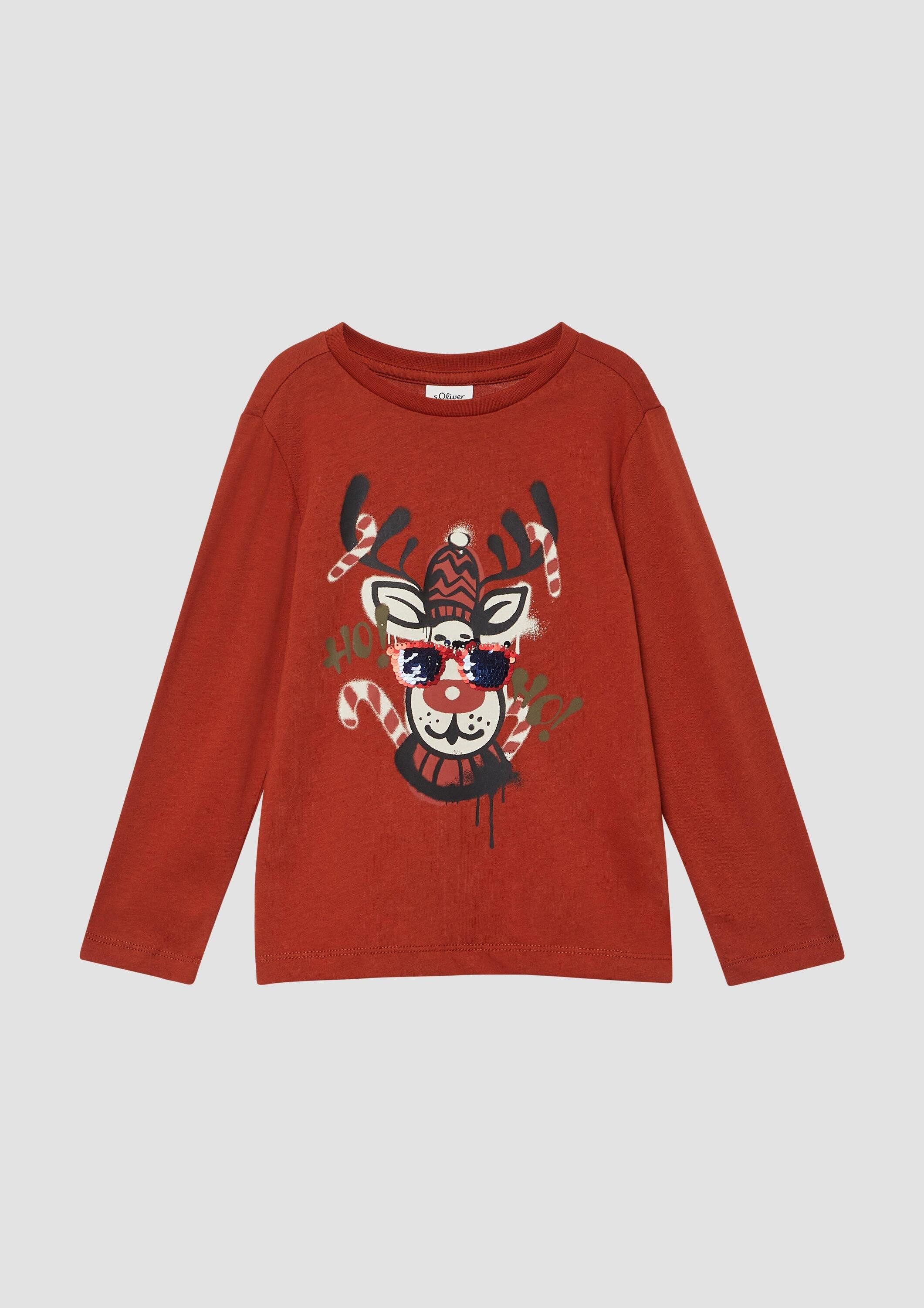 s.Oliver Langarmshirt T-Shirt Longsleeve mit X-Mas-Frontprint und Wendepailletten-Detail