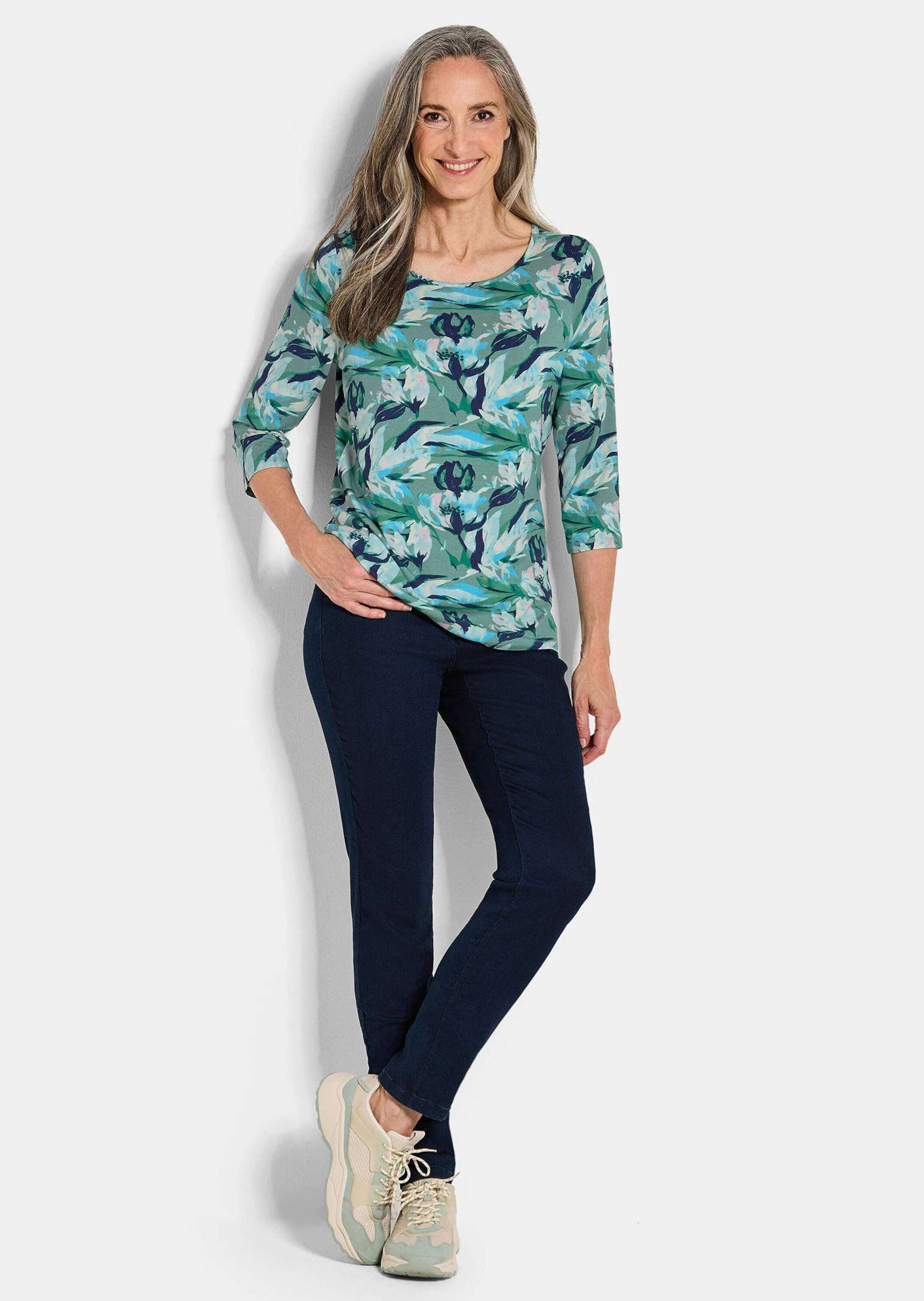 GOLDNER Print-Shirt Kurzgröße: Viskoseshirt floral, U-Boot-Ausschnitt Druckshirt mit Blumenmuster und 3/4-Ärmeln