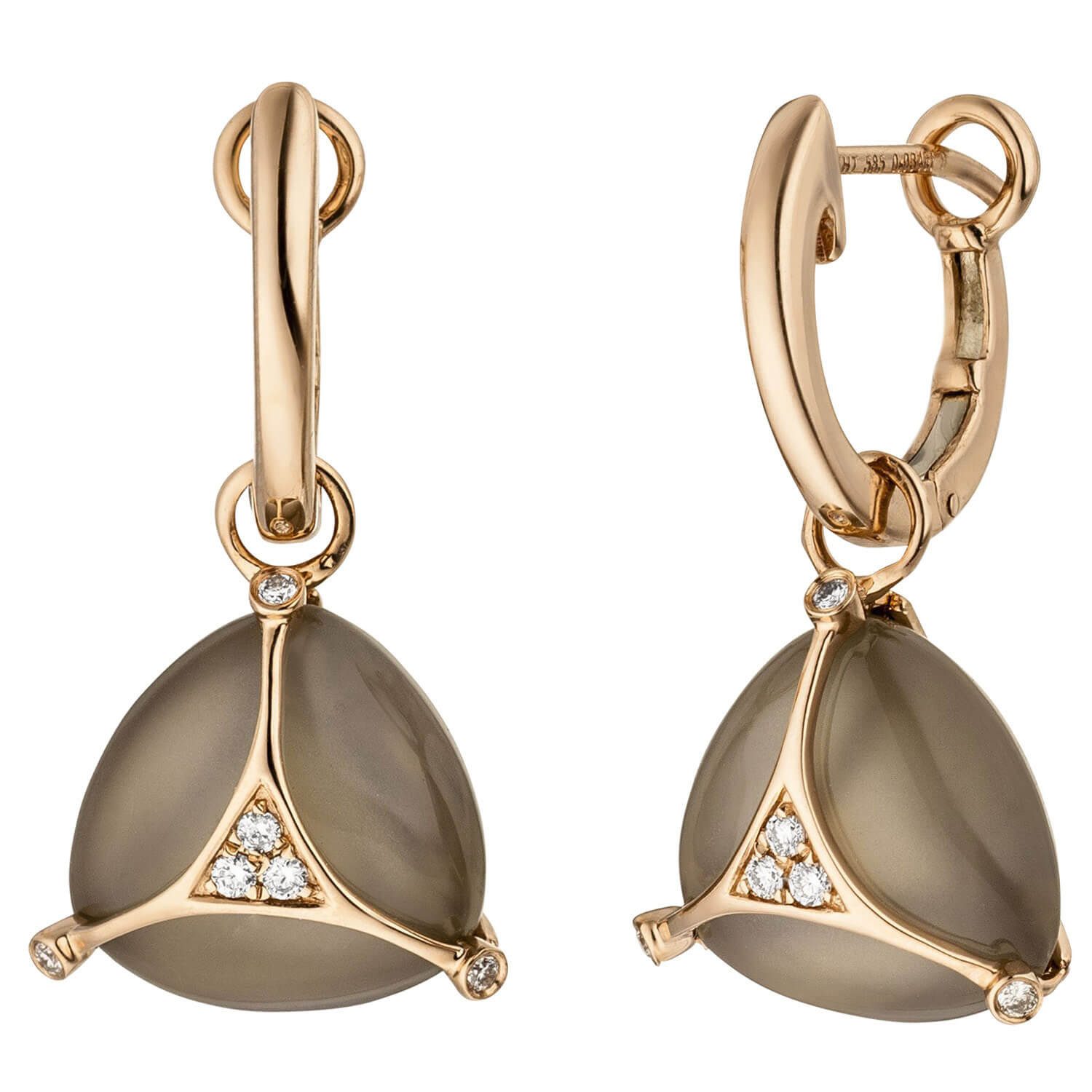 Schmuck Krone Paar Creolen Creolen Mondstein und 12 Brillanten 585 Rotgold, Gold 585