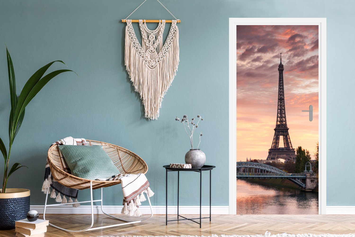 - Paris Fototapete Eiffelturm - für St), Türaufkleber, cm MuchoWow Türtapete Matt, (1 75x205 Tür, bedruckt, Brücke,
