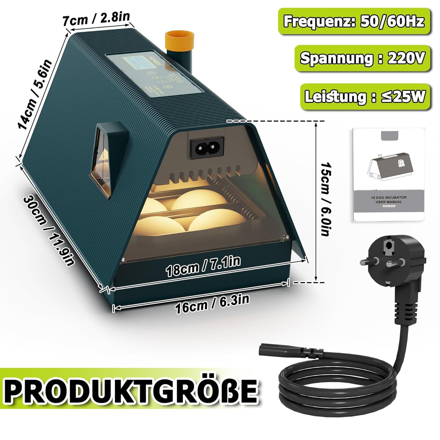 AIMAX Reptilieninkubator Brutautomat Vollautomatisch Brutmaschine Mit ABS-Gehäuse für 10 Eier, Temperatur-Feuchtigkeitsanzeige Rutschfreier Eiablagefach Brutkasten