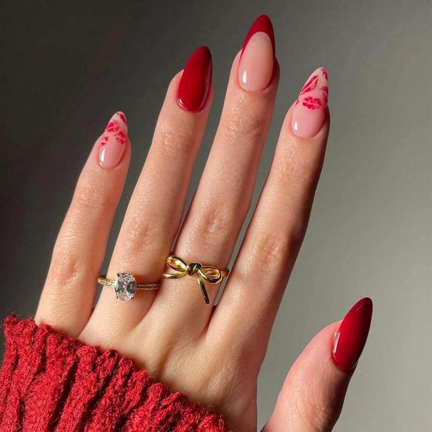 Kunstfingernägel 24er Set Valentinstag Press-On Nägel Mandelform Rote Lippen Glitzer