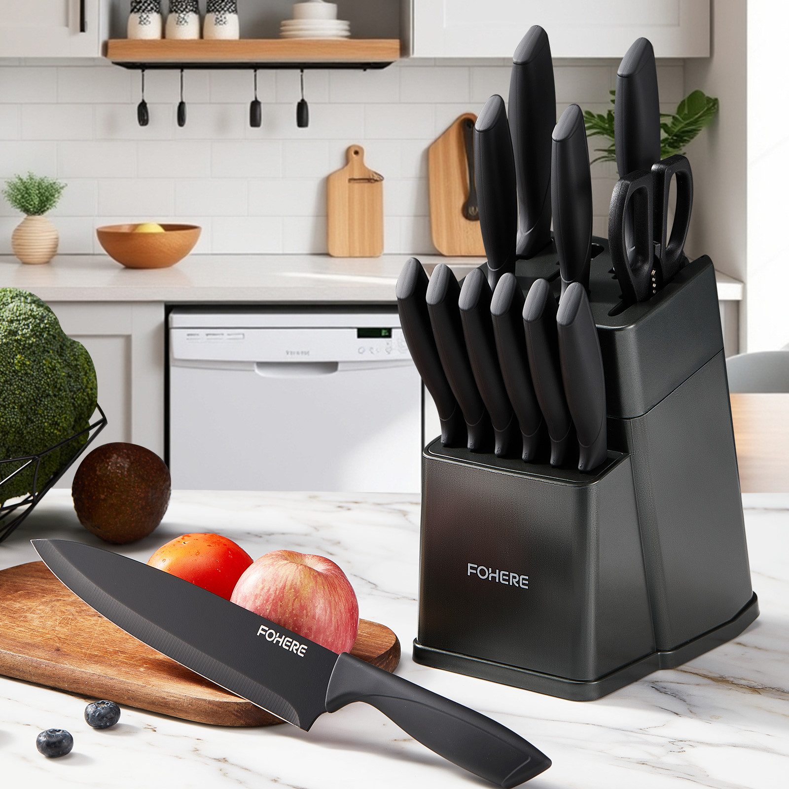FOHERE Messer-Set aus hochwertigem Edelstahl, mit ergonomischen Griffen (13-tlg), Inkl. integriertem Schärfblock, spülmaschinenfest