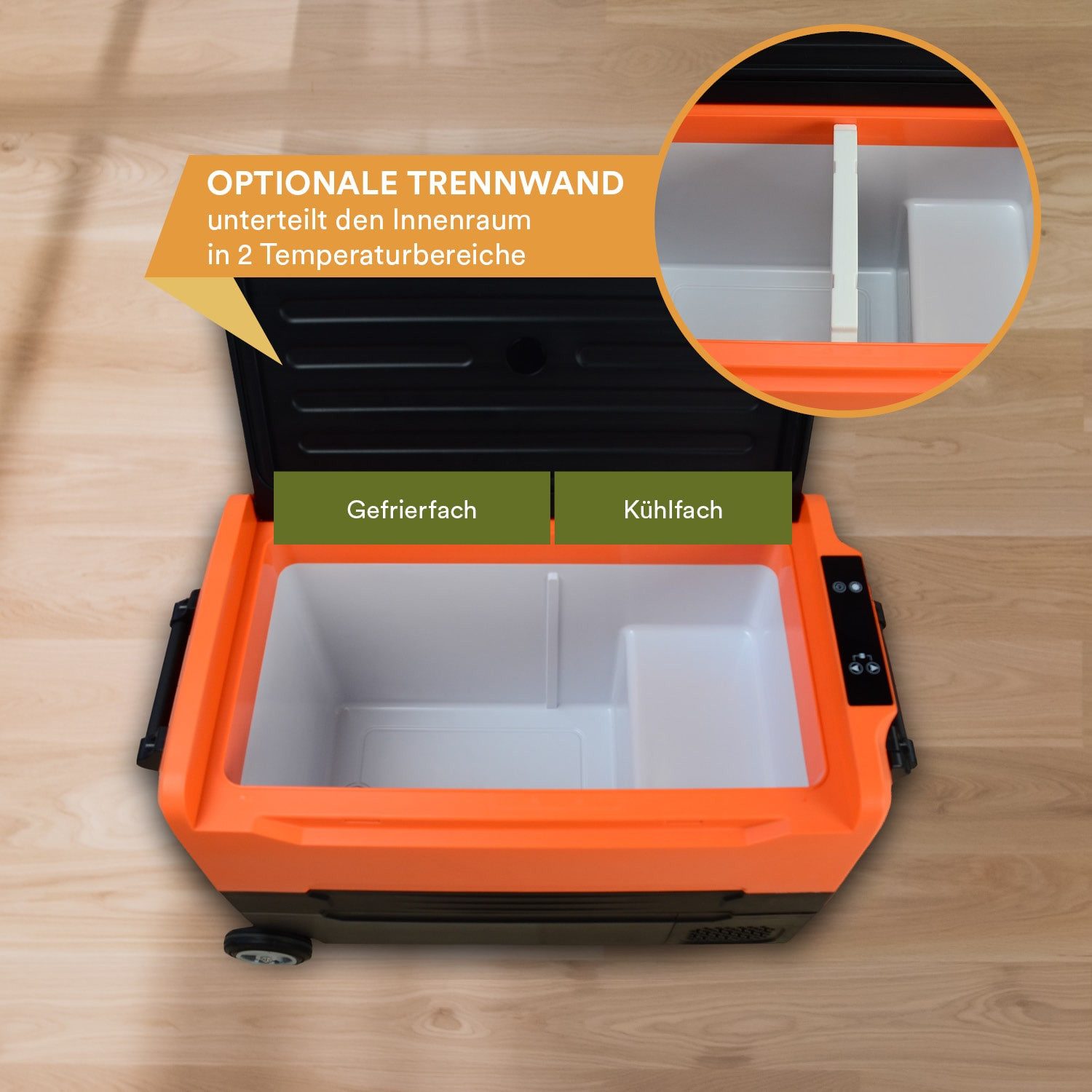 Skandika Elektrische Kühlbox Auto-Gefrierbox, Camping Kompressor Kühlschrank mit Trennwand, 12V Stecker, Netzteil für Steckdose, +10° bis -20°C, LKW, Bus, Camper