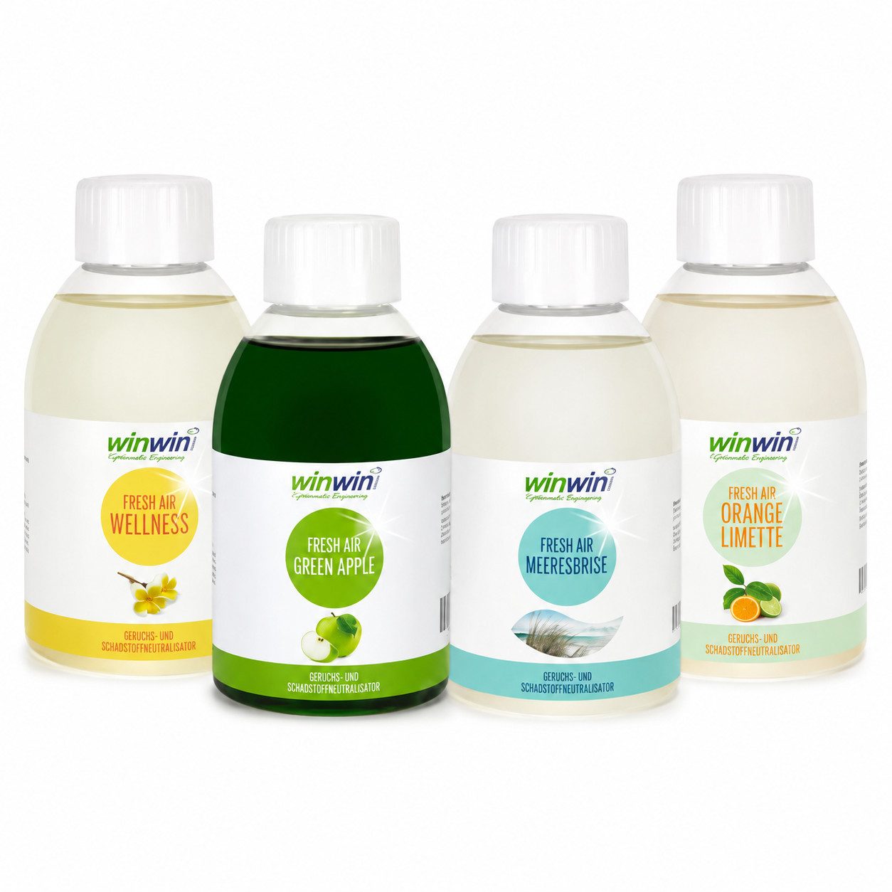 winwinCLEAN Raumduft fresh AIR SET 4x 250ml: Raumluft-Deo, Luftreinigungs-Konzentrat (Spar Set, 4-St., fresh AIR 250ml Wellness I Green Apple I Meeresbrise I Orange-Limette), Geruchsentferner,Geruchsneutralisierer,Reinigungsmittel,Air Purifier
