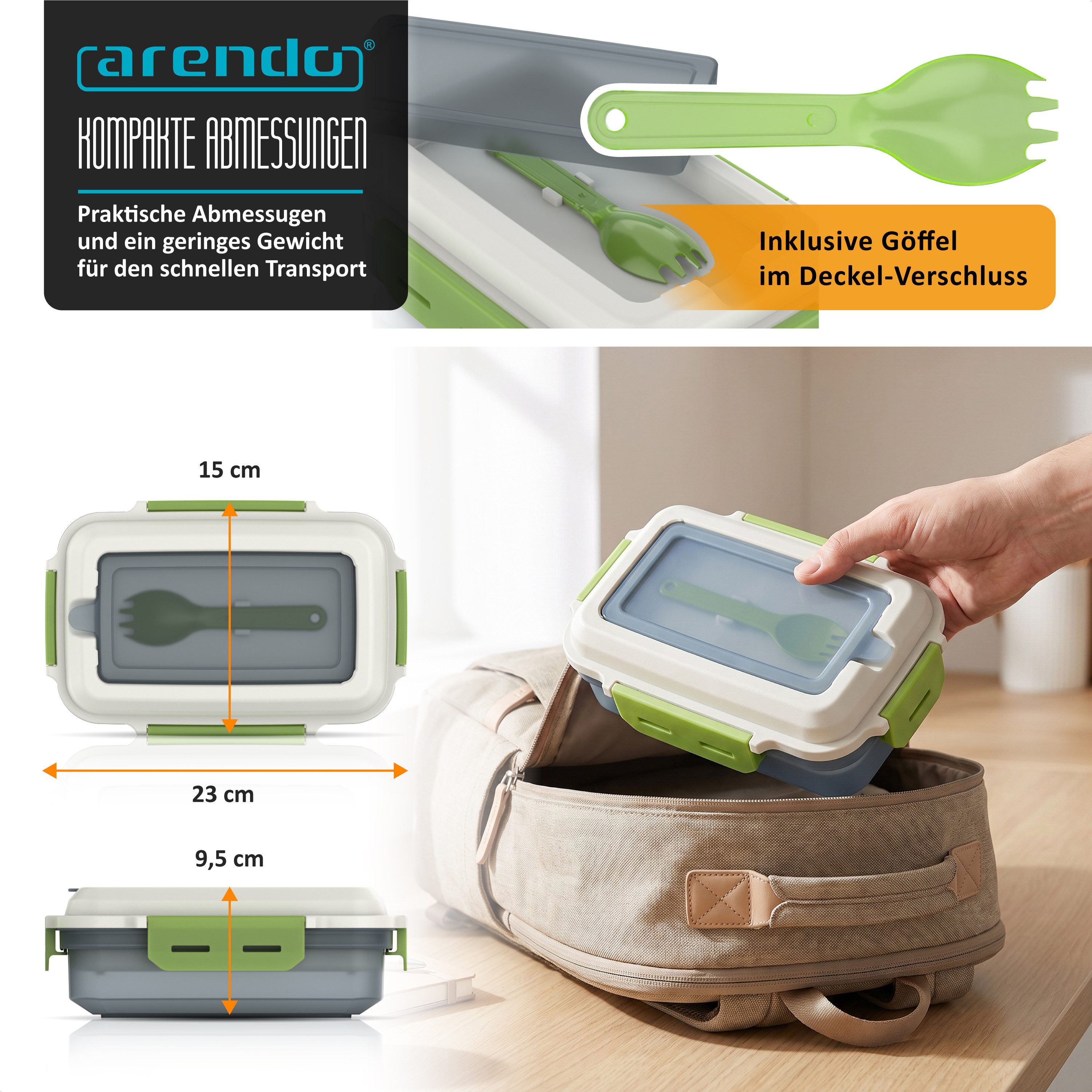 Arendo Lunchbox Lunchbox 1,2 l, rechteckig, luftdicht, Brotdose, Trenntablett & Spork, Kunststoff, (1-tlg., 2 Trennstege, 2 Silikondichtungen), auslaufsicher, Silikondichtung, Saucenbox, spülmaschinengeeignet