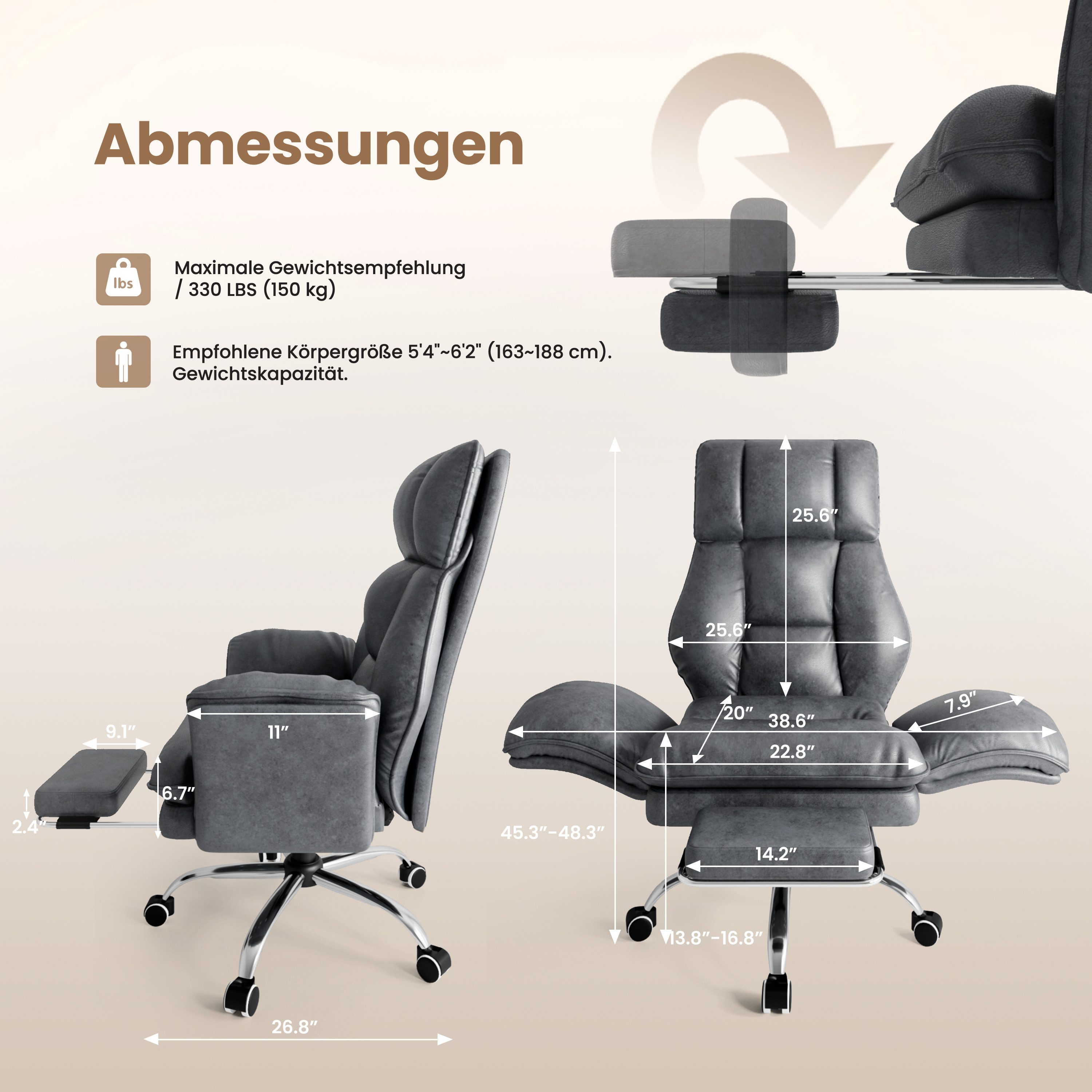 Patbrela Drehstuhl Bürostuhl Chefsessel Ergonomisch mit klappbaren Armlehnen, Gaming Stuhl mit Fußstütze & 135° Verstellbarer Rückenlehne – Bild 4 von 5