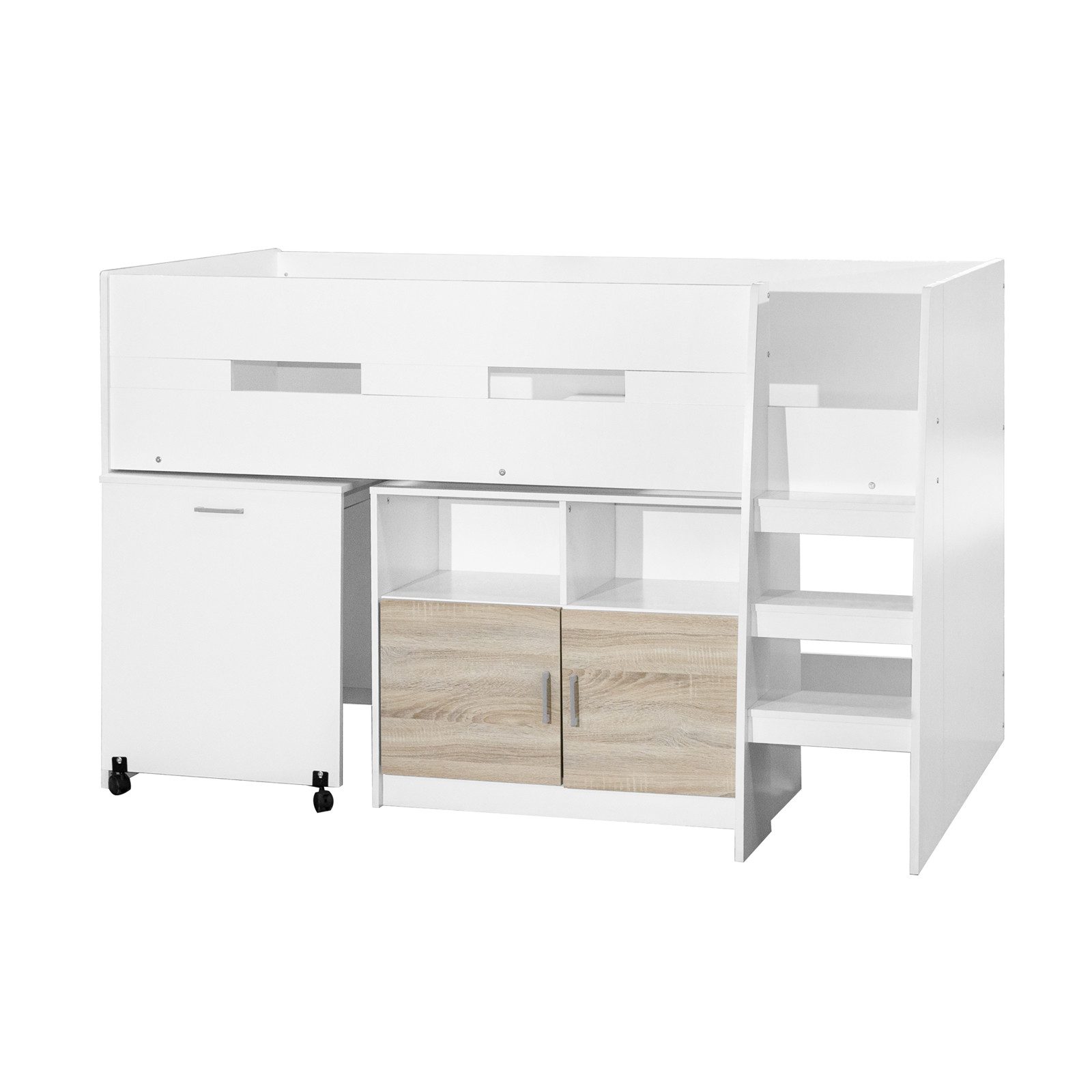 HTI-Living Hochbett Hochbett Luisa weiß (Stück, 1-St., 1x Hochbett) mit ausziehbarem Schreibtisch und Schrank