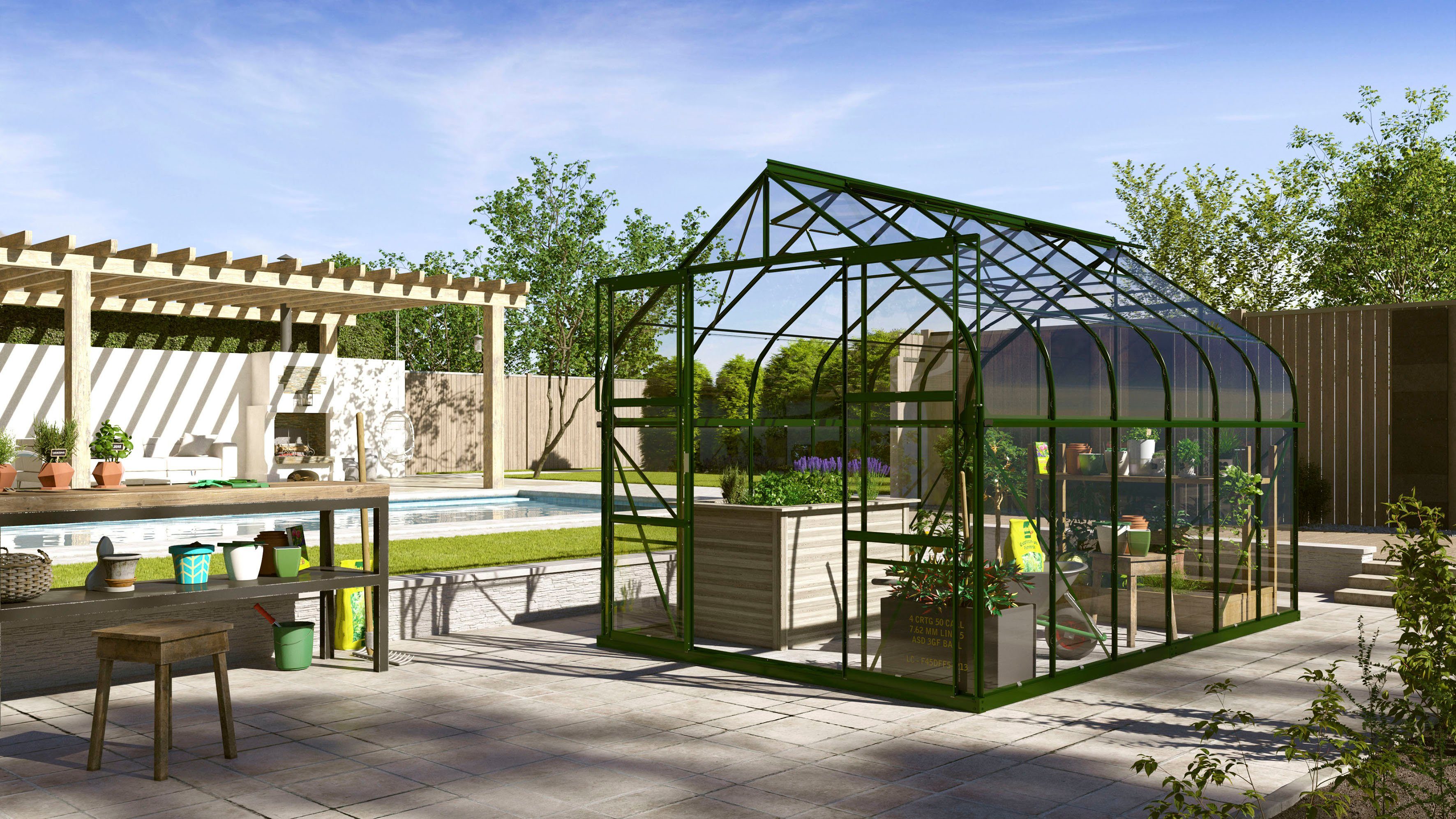 Vitavia Gewächshaus Dione 9900 smaragd, BxTxH: 264 x 383 x 124 cm, 3 mm Wandstärke, Set, inkl. Fundamentrahmen, Dachlüfter und Min-Max-Thermometer grün