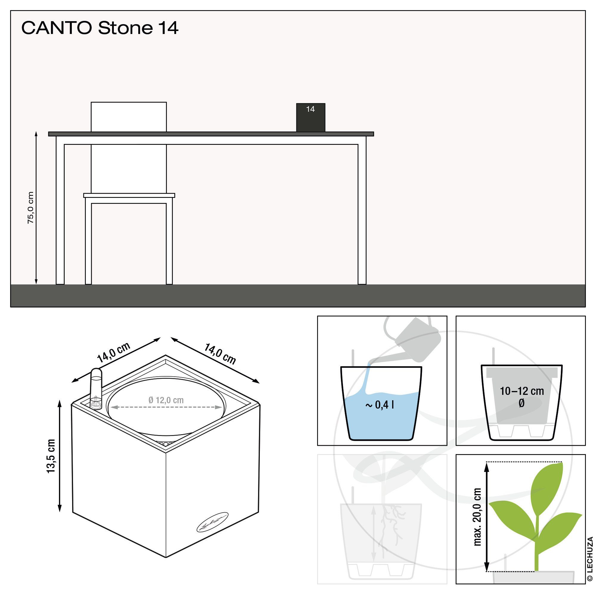 Canto Lechuza® Stone St) 14 (1 Pflanzkübel Wasserspeicher mit graphitschwarz