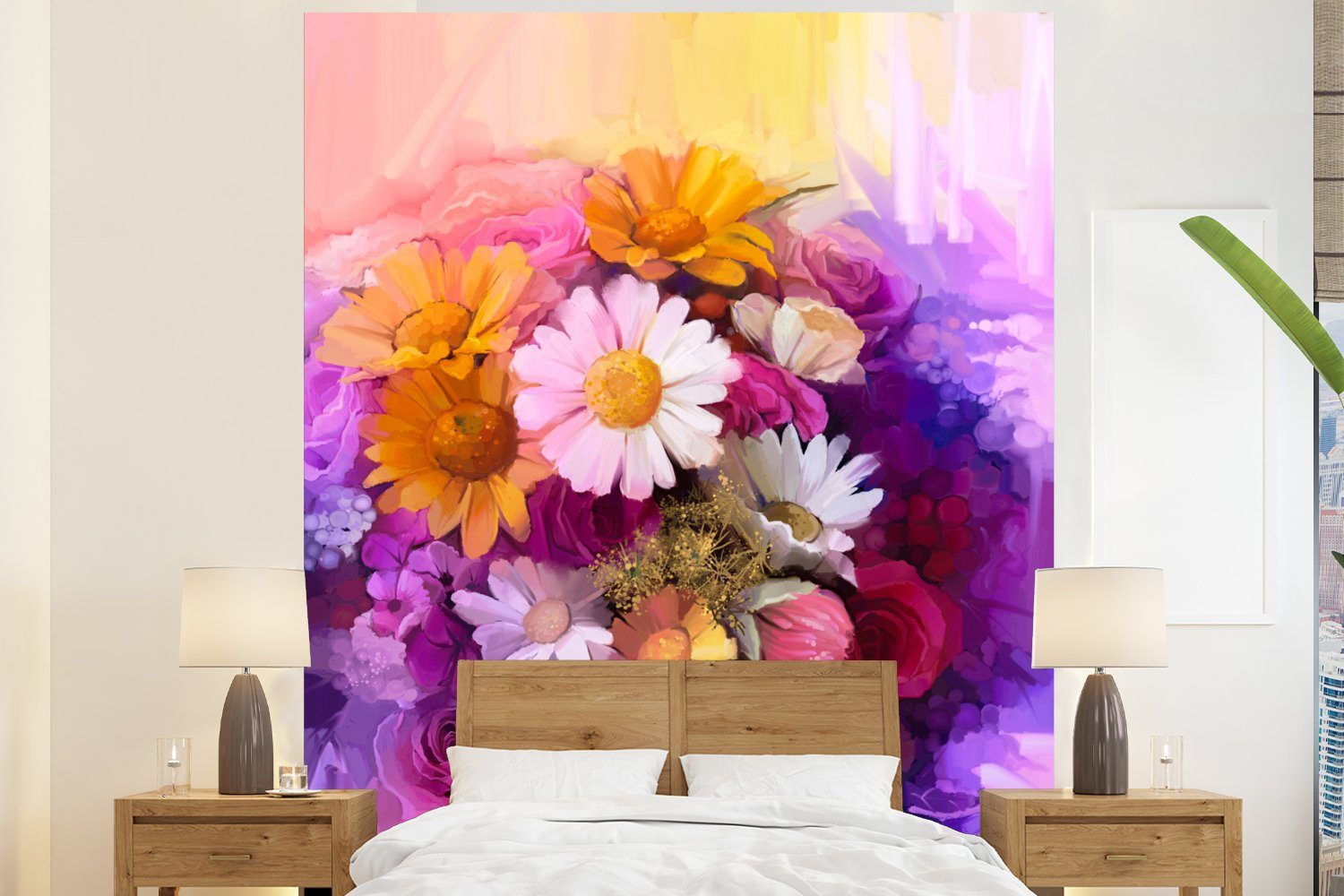 MuchoWow Fototapete Blumen - Impressionismus - Ölfarbe, Matt, bedruckt, (3 St), Vliestapete für Wohnzimmer Schlafzimmer Küche, Fototapete | Fototapeten