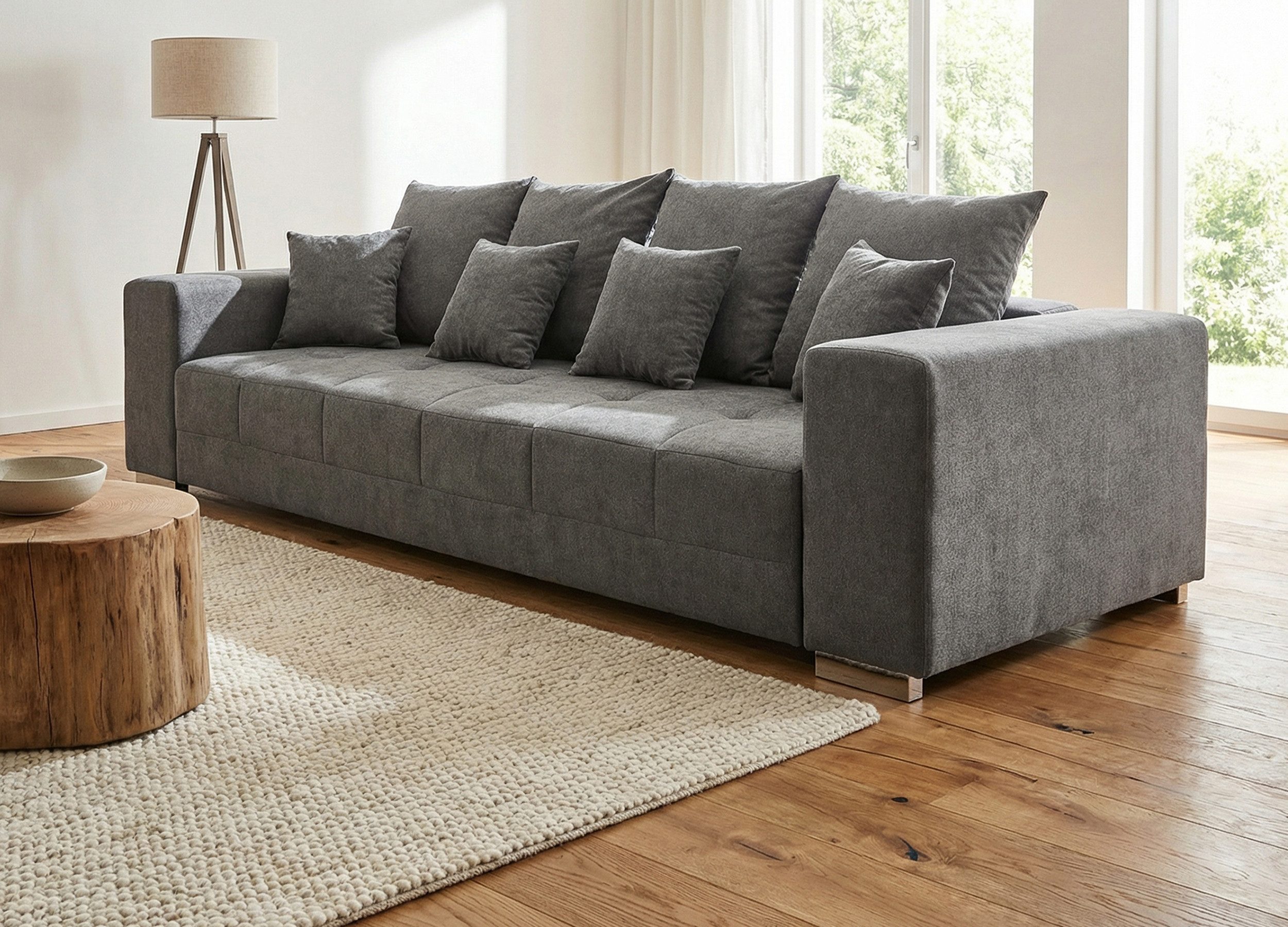 Massivart® Big-Sofa grau Stoffbezug 254 cm / Nosagfederung / 4-Sitzer / BORNEO, Rücken echt bezogen / inklusive Kissen Set