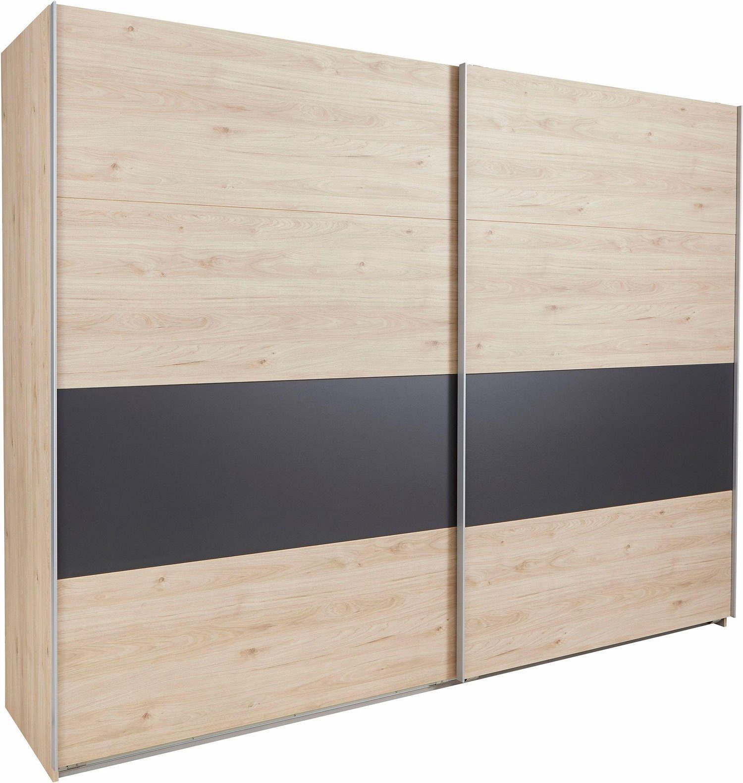Wimex Schwebetürenschrank Angie (mit Schiebetüren, Kleiderstangen und Einlegeböden, 1-St., moderne Optik, alufarbene Griffleiste aus Metall) 225x65x210cm hickory oak graphit