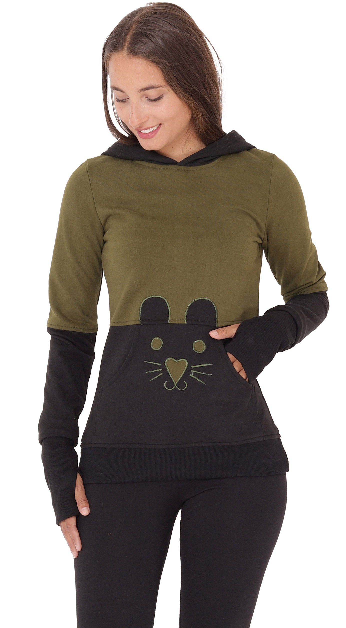 PUREWONDER Kapuzenpullover Pullover Hoodie Kapuzenpullover mit Katze dr34 Grün S fürs ganze Jahr