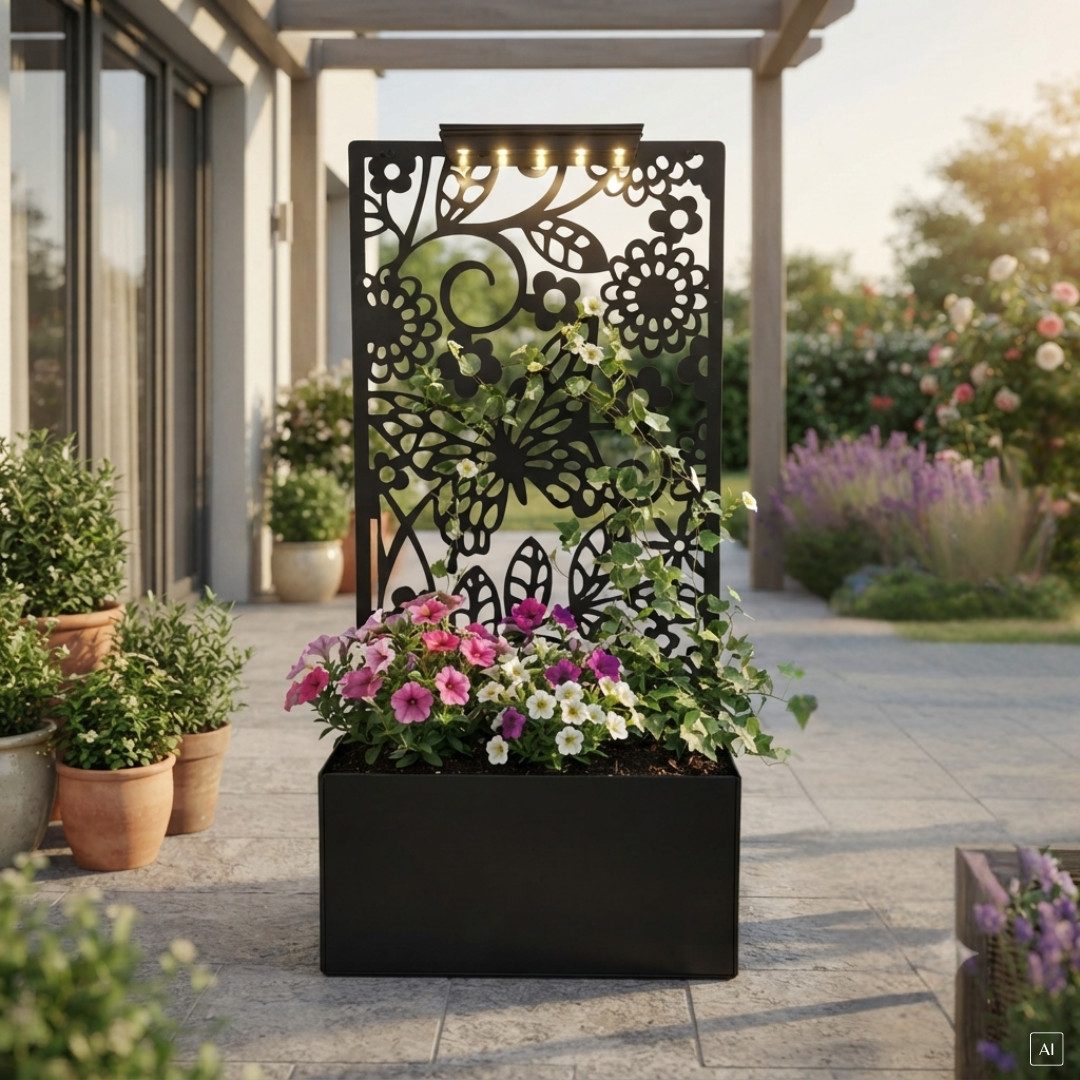 abc HOME Pflanzkübel Pflanzkasten mit Rankgitter & Solar LED – Wanddeko & Ständer, 64 cm