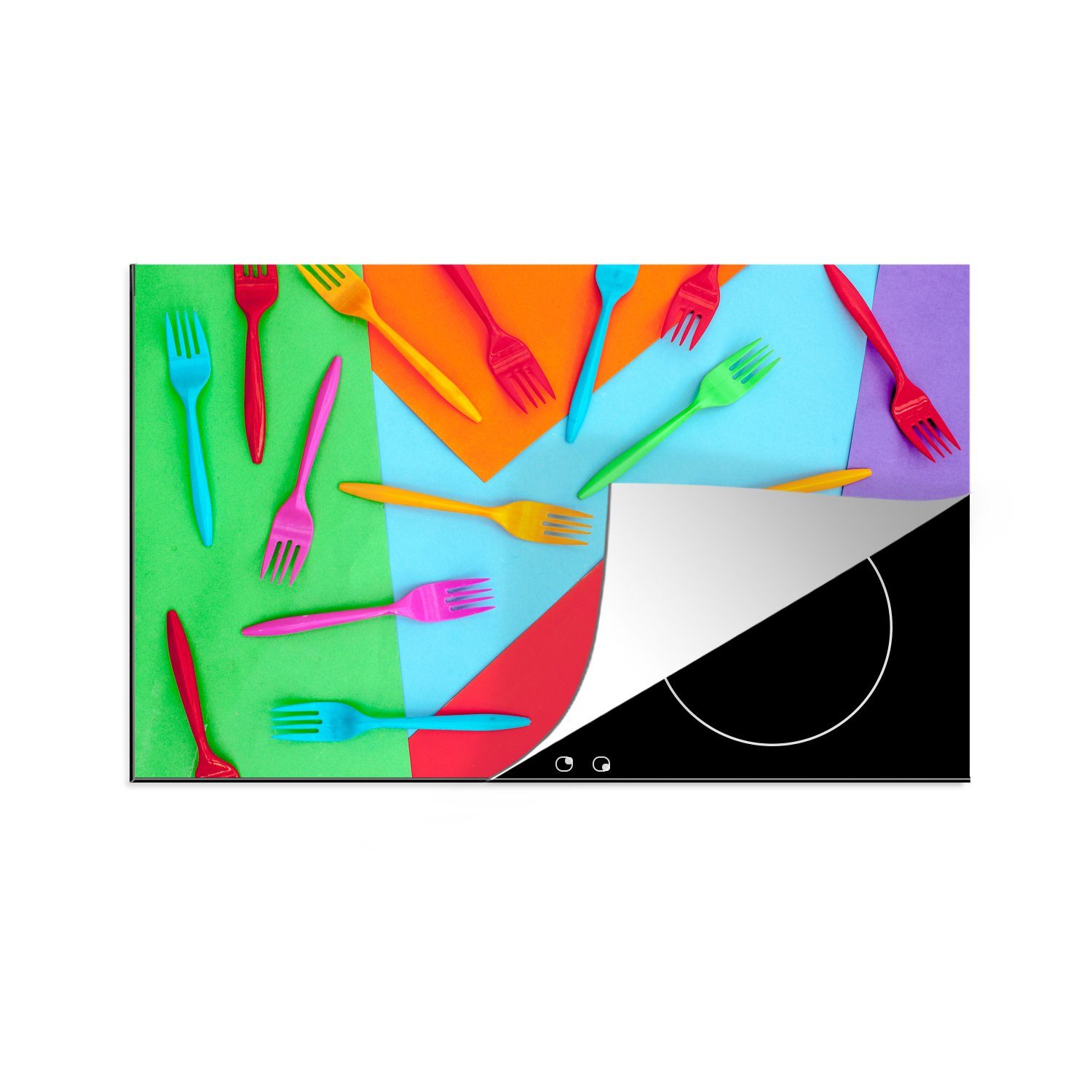 MuchoWow Herdblende-/Abdeckplatte Übersicht über viele farbige Gabeln, Vinyl, (1 tlg), 81x52 cm, Induktionskochfeld Schutz für die küche, Ceranfeldabdeckung