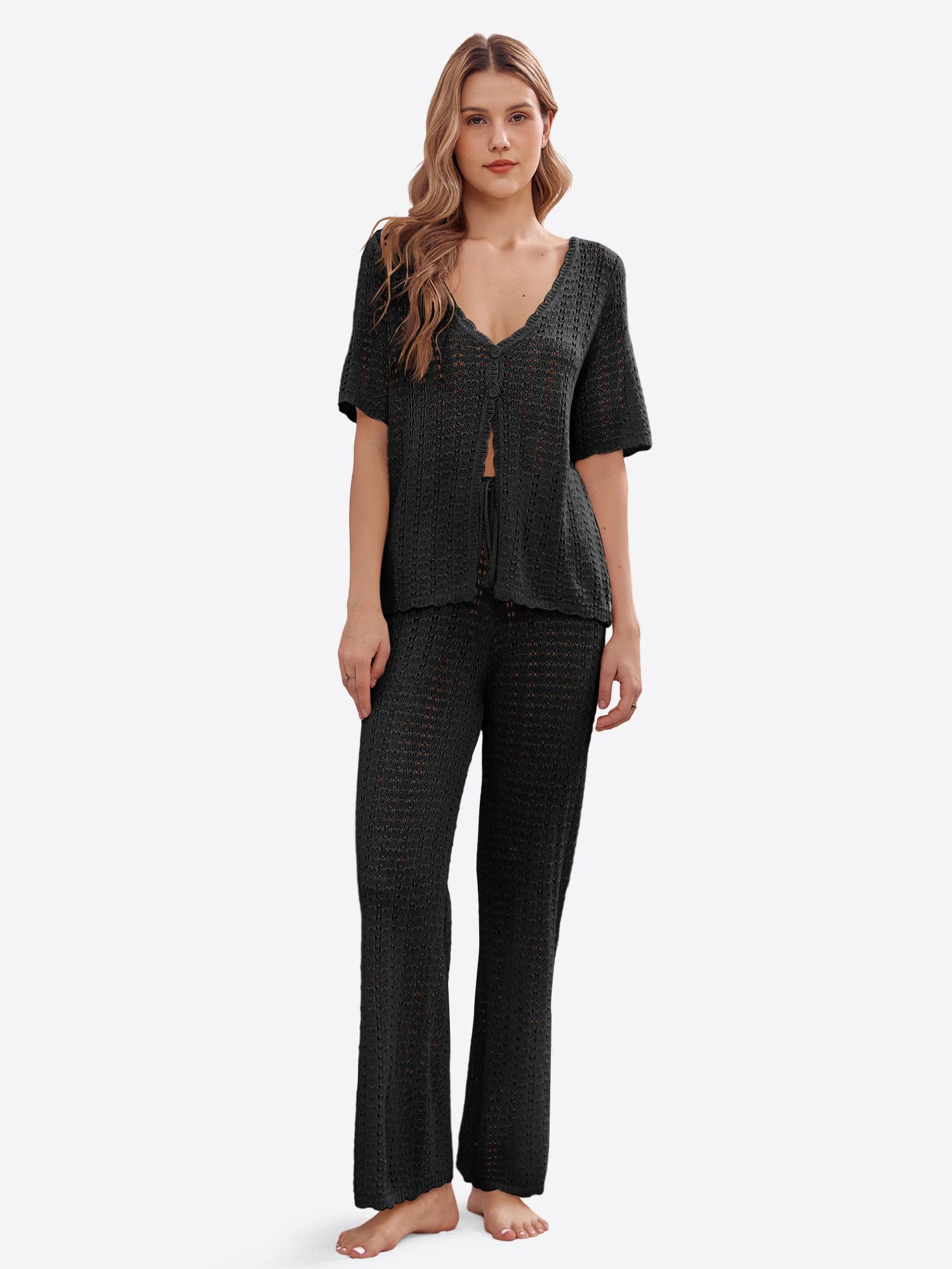 Imily Bela Hausanzug Damen 2-teiliges Freizeitset (set, 2 tlg., Häkelstrickjacke+lange Hosen) Häkeln