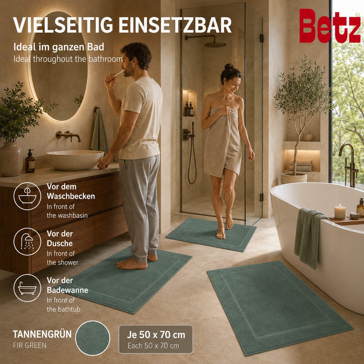 Betz Badematte 2 Stück Badvorleger Premium Badteppich Größe 50x70 cm, unbeschichtet, beidseitig nutzbar, beidseitig nutzbar, Baumwolle, Qualität 650g/m² – Bild 5 von 5