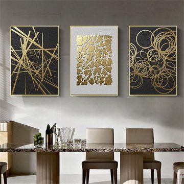 RefinedFlare Kunstdruck Abstrakt Gold Schwarz Linie Kunst Wandkunst, Wohnzimmer Dekoration, (3 St)