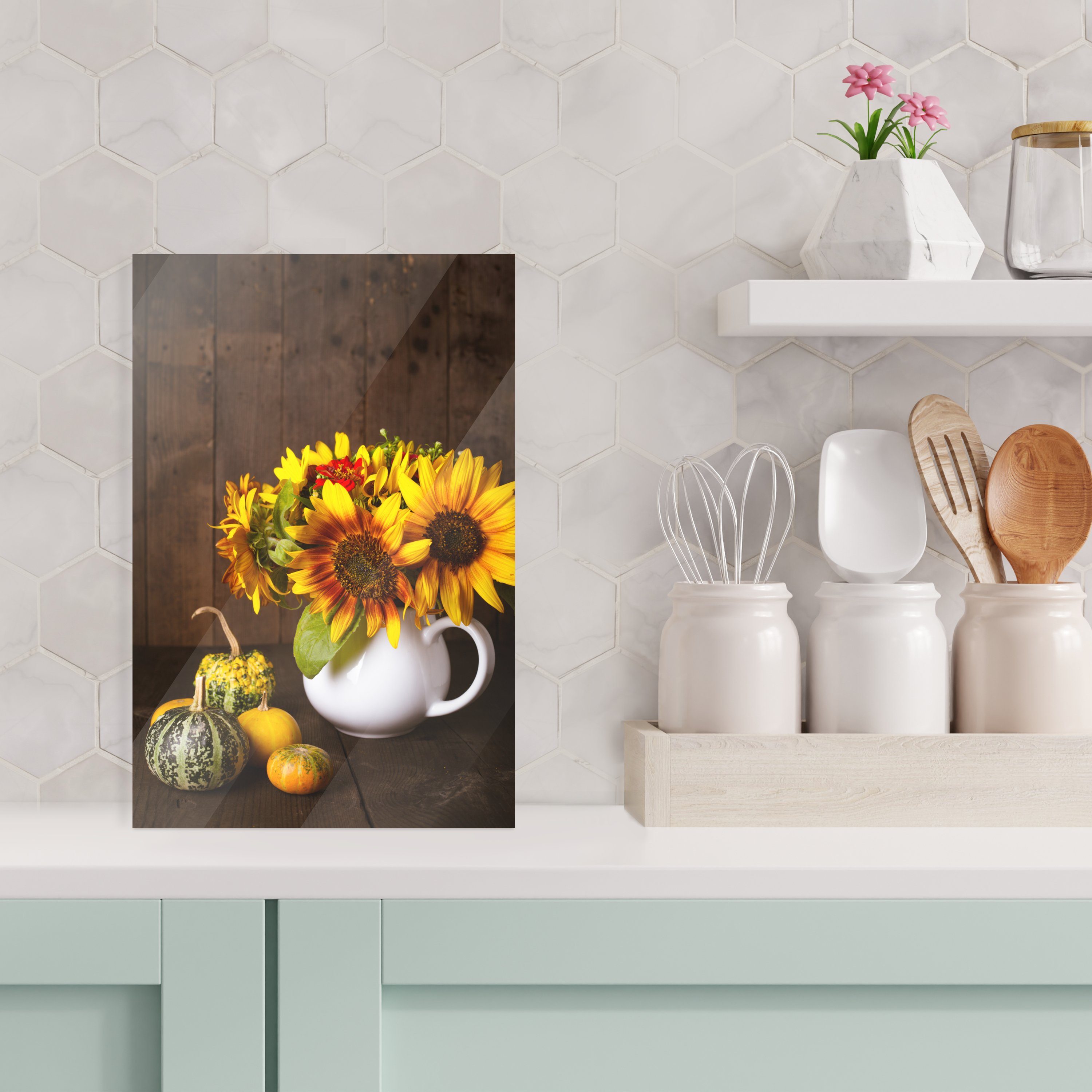 MuchoWow Acrylglasbild Kürbisse - Sonnenblumen (1 Glas Wandbild Glasbilder - St), Glas Wanddekoration - Bilder - auf - Foto auf Herbst