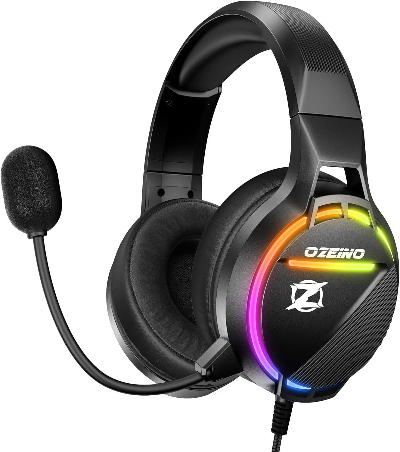 ozeino PC PS4 Sound Bequem Leicht Surround Xbox) für Mikrofon Noise PS5 ins -Grad-3D-Surround-Sound Gaming-Headset Licht für RGB Kopfhörer Mac Cancelling Eintauchen Spielgeschehen:, 3D mit (360 O-Track