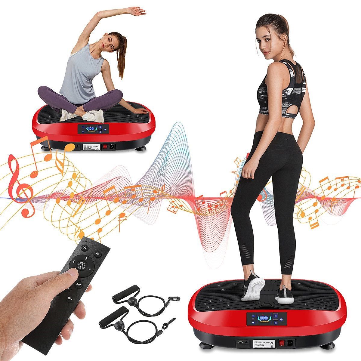 LETGOSPT Vibrationsplatte Vibrationsplatte Größe 57,5 x 42,5 x 17 cm, Bis 200KG, 200 W, 120 Intensitätsstufen, (mit Trainingsbandern, Ganzkörpertraining zu Hause), Ultra leisem Motor, Fernbedienung, Seitliche Transporträder