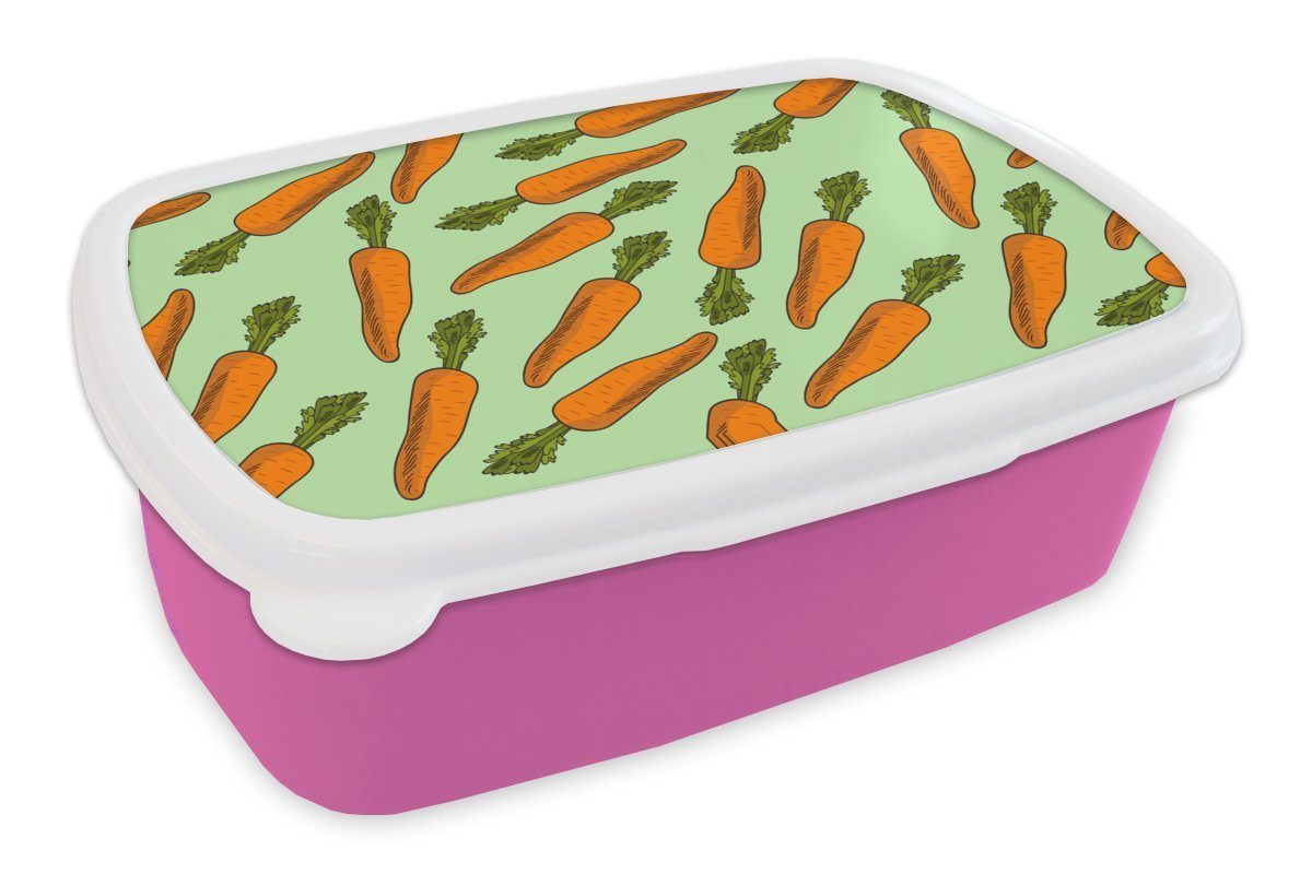 MuchoWow Lunchbox Vintage - Karotte - Muster - Gemüse, Kunststoff, (2-tlg), Brotbox für Erwachsene, Brotdose Kinder, Snackbox, Mädchen, Kunststoff rosa