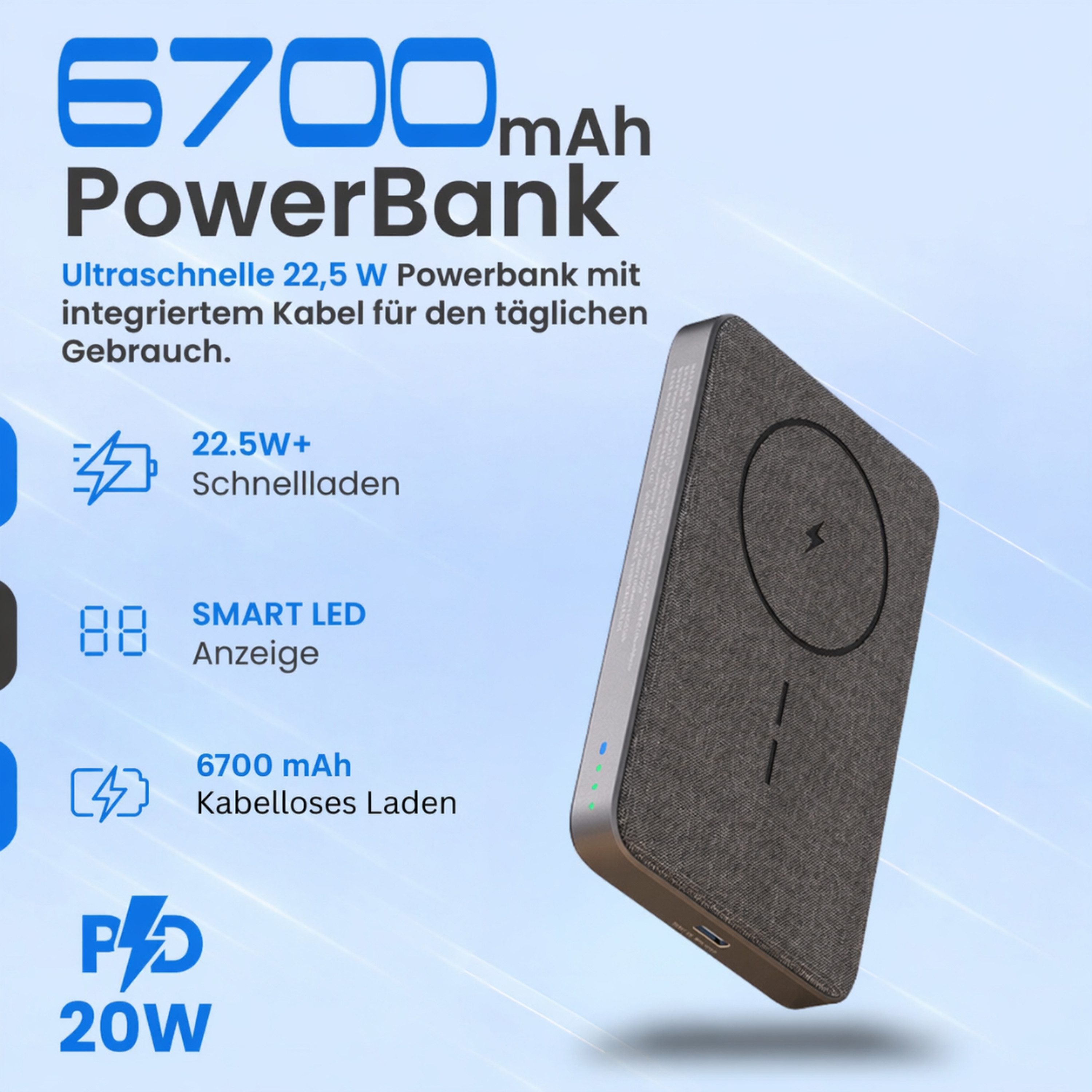 RUHE Magnetisch Powerbank Magsafe Kompatibel Wireless Kabellos Extern Powerbank Magnetische Powerbank MagSafe für iPhone, Samsung uvm PB 6700 mAh (12 V, 1 St), Handyständer Power Bank mit USB-C Kabel PD 20W Schnellladen mit LED