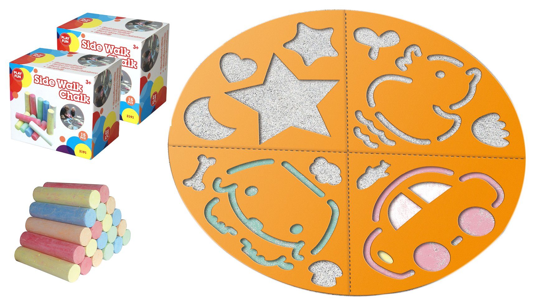 Play Fun Malkreide XL Paket Kinder Straßenmalkreide bunt & Mandala  Schablone 57 cm groß, (Mal Set, 37-tlg), Kreide für Tafel, Stein, Pappe und  Papier geeigmet