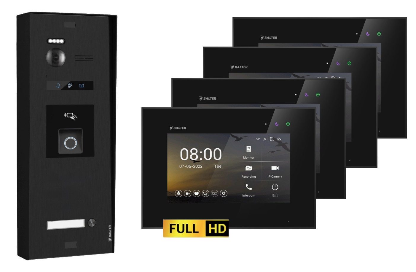 Balter Video-Türsprechanlage BALTER EVO-HD Aufputz Türsprechanlage 1-Familienhaus Schwarz (Set, 1-Familienhaus, Komplettset, Full HD 175° Kamera, Fingerprint, RFID)