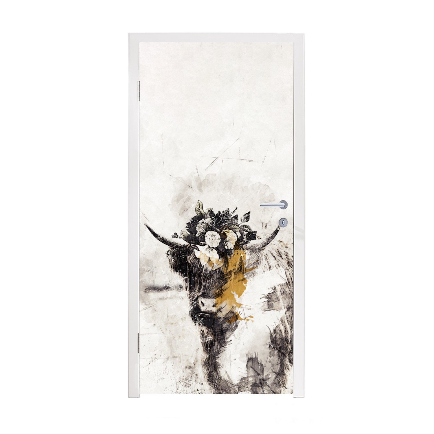 MuchoWow Türtapete Schottischer Highlander - Farbe - Blumen, Matt, bedruckt, (1 St), Fototapete für Tür, Türaufkleber, 75x205 cm