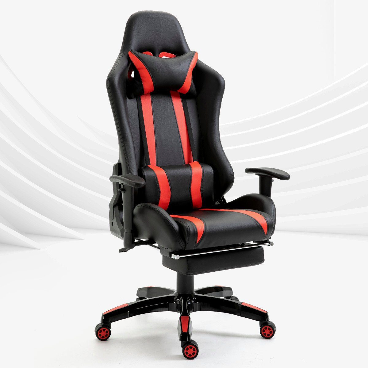 SVITA Gaming Chair GAMYX (1 St), ausziehbare Fußablage, verstellbare Armlehnen, Lenden- & Nackenkissen Schwarz mit roten Streifen | Schwarz mit roten Streifen