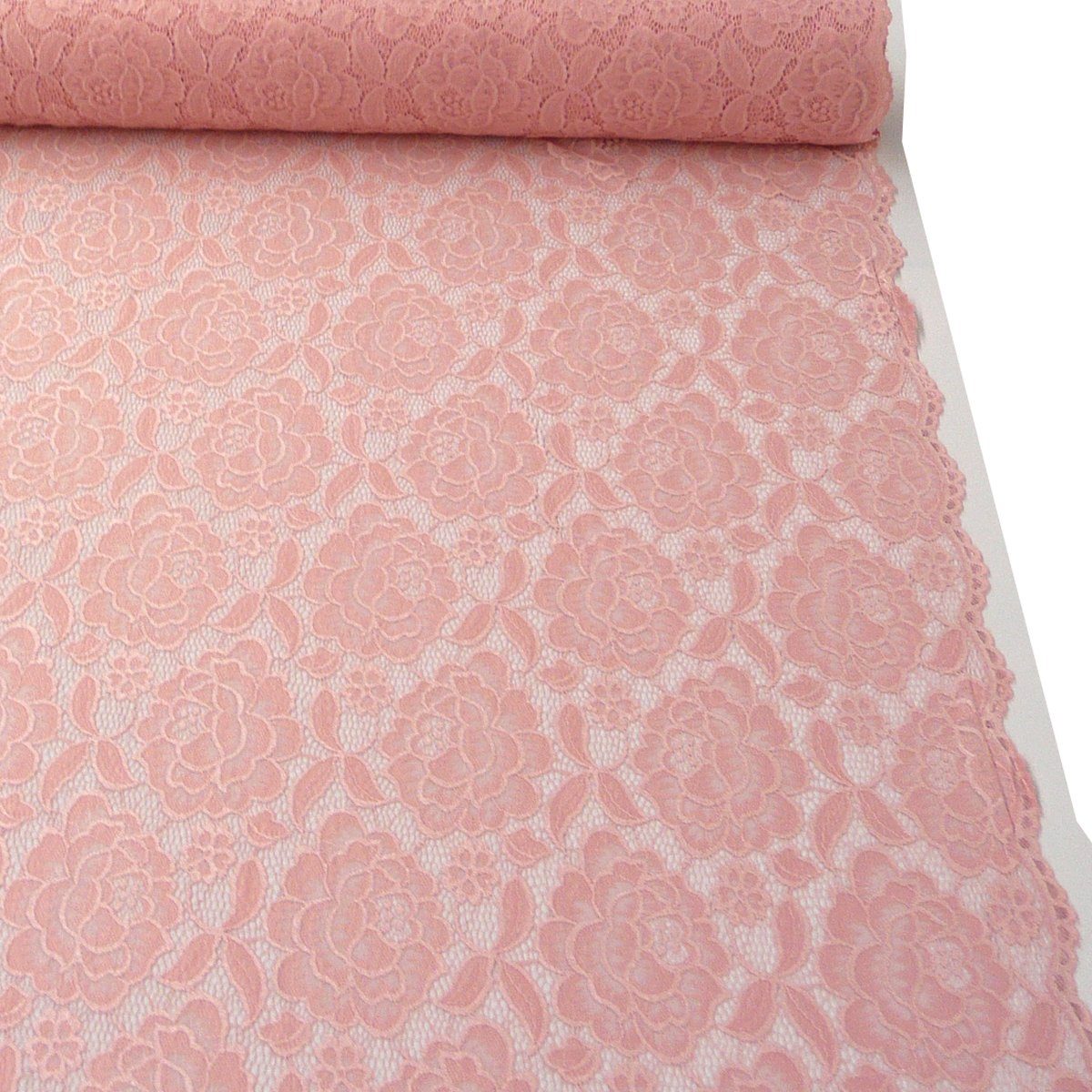 SCHÖNER LEBEN. Stoff Elastische Stoff Meterware Spitze Blumen mit Wellen Abschluss rosa
