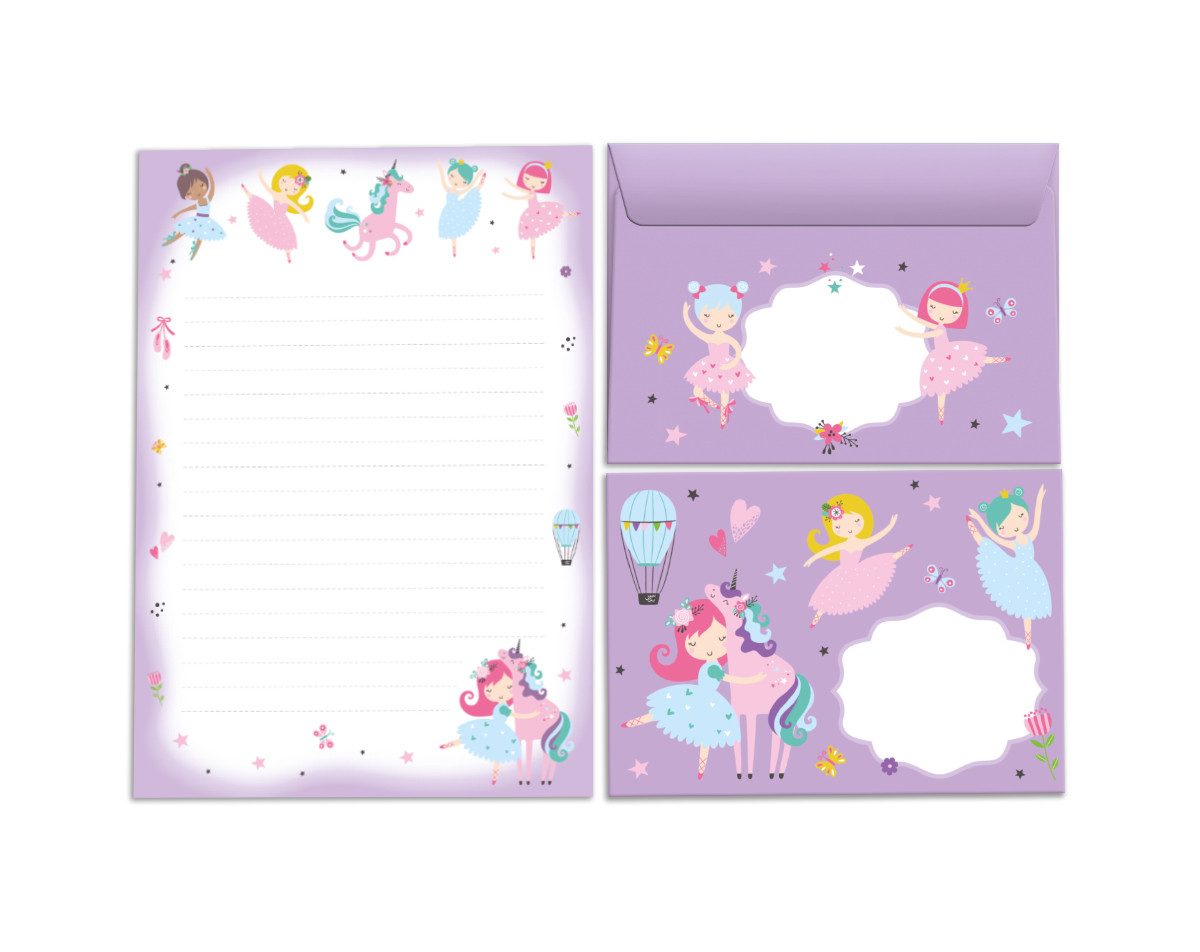 JUNAPACK Briefpapier Set Kinder Briefblock A5 mit Umschlägen Notizblock Papier Ballerina, Kinder-Briefpapier A5 mit 15 Umschlägen, liniert & leicht beschreibbar