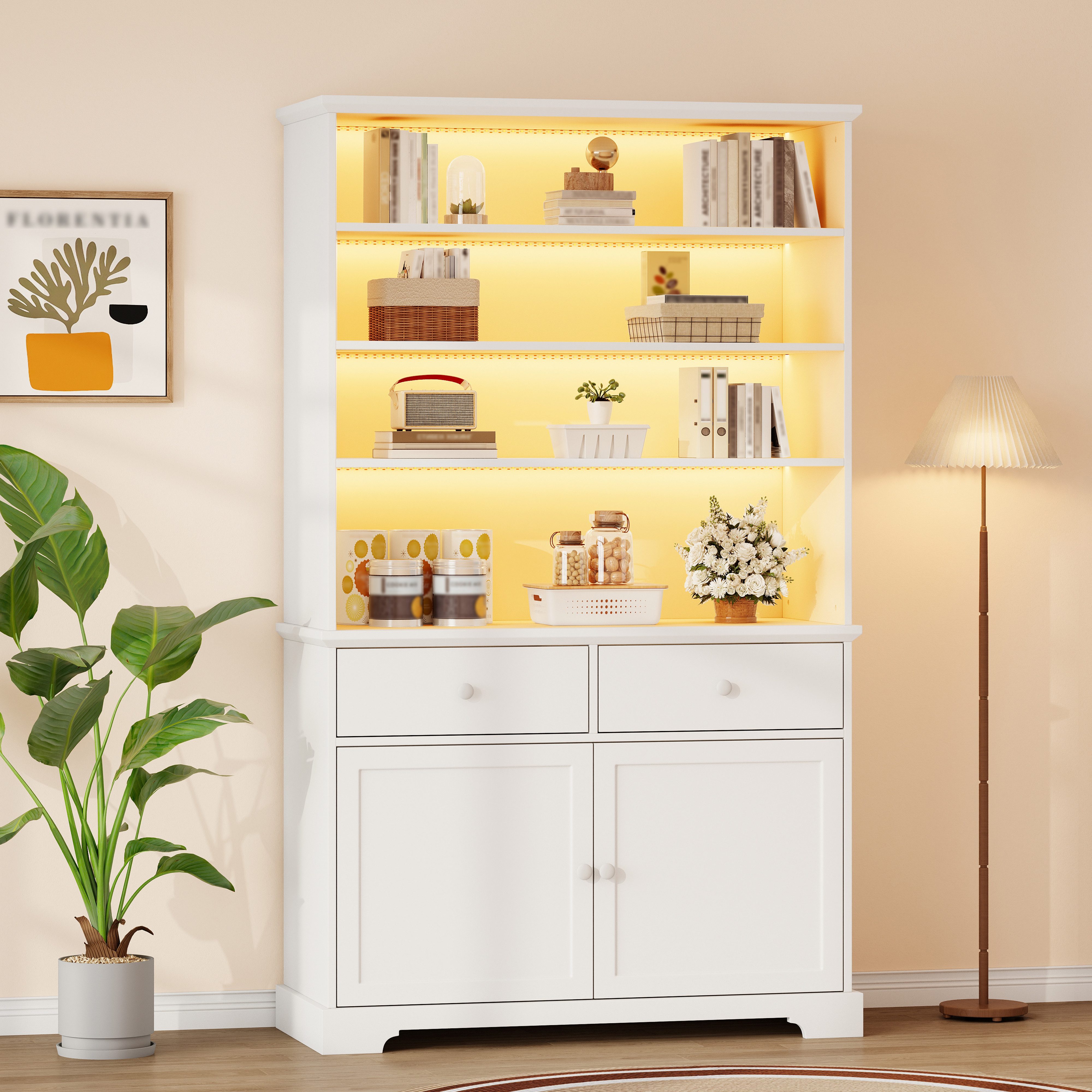 Merax Standvitrine mit LED-Beleuchtung (Standregal Wohnzimmerschrank für Wohnzimmer und Esszimmer, 1-St., 100x38x170cm) Vitrine mit 2 Türen, 7 Aufbewahrungsbereiche & 2 Schubladen