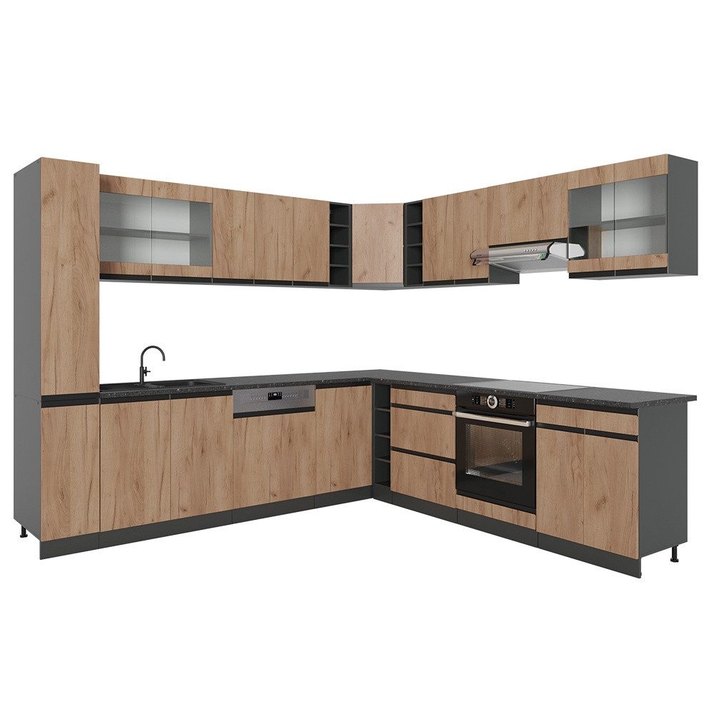 Vicco Winkelküche R-Line, Goldkraft Eiche/Anthrazit, 277 x 257 cm J-Shape, ohne Arbei...
