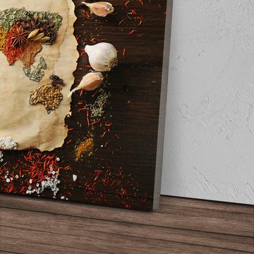 Sinus Art Leinwandbild 120x80cm Wandbild auf Leinwand Weltkarte Gewürze Küchenbild Küche Kuns, (1 St)