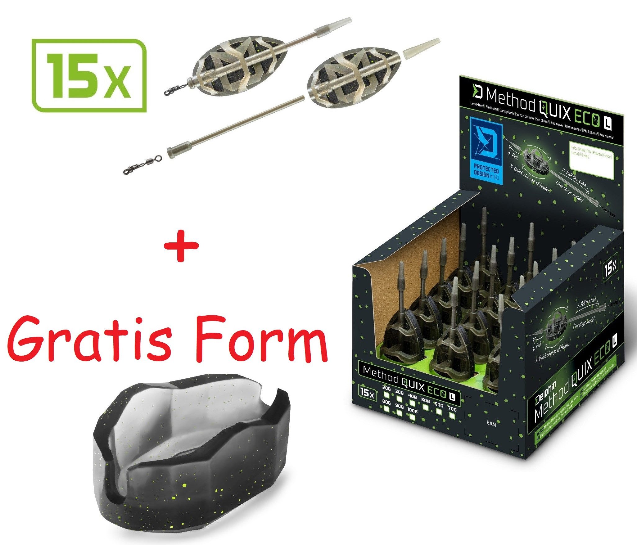 Delphin.sk Feederkorb Bleifreies Futterkorb 15 Stück SET Method QUIX ECO L + Gratis Form, (16-St), 15er Spar Set mit Gratis Form