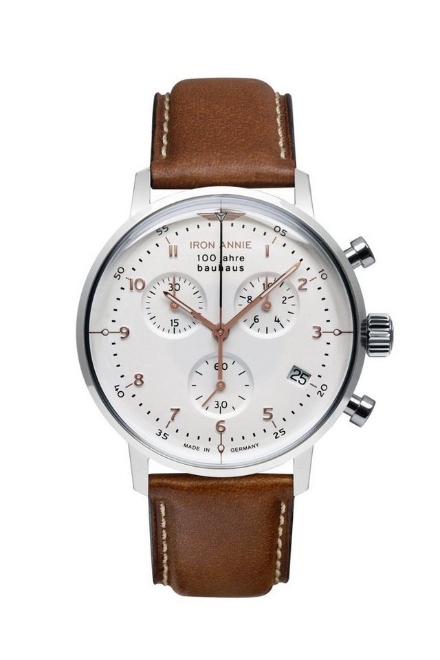 IRON ANNIE Chronograph 100 Jahre Bauhaus Herrenuhr 5096-4 Weiss Lederband  Braun 41 mm, Made in Germany