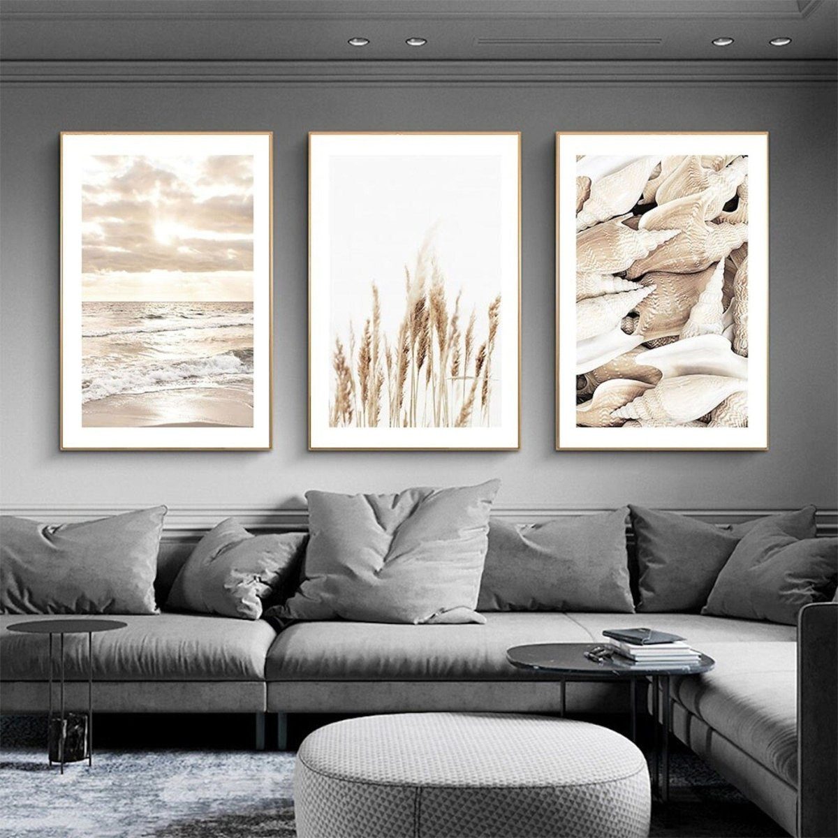 JUSTGOODMOOD Poster Sonnenaufgang am Strand Muscheln und Pampas Gras als Deko Print ohne R, B (1 St)