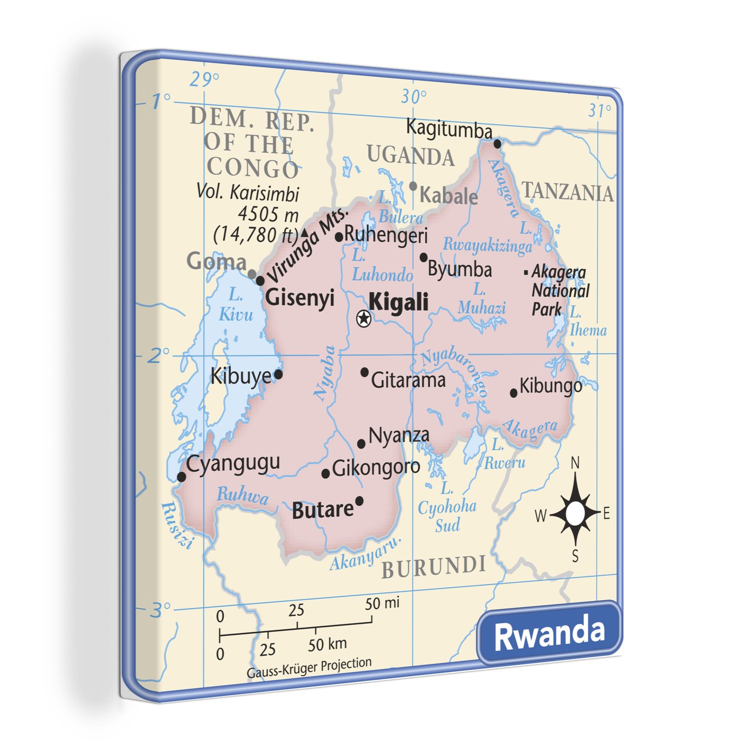 OneMillionCanvasses® Leinwandbild Illustration des Landes Ruanda mit blauem Rand, (1 St), Leinwand Bilder für Wohnzimmer Schlafzimmer